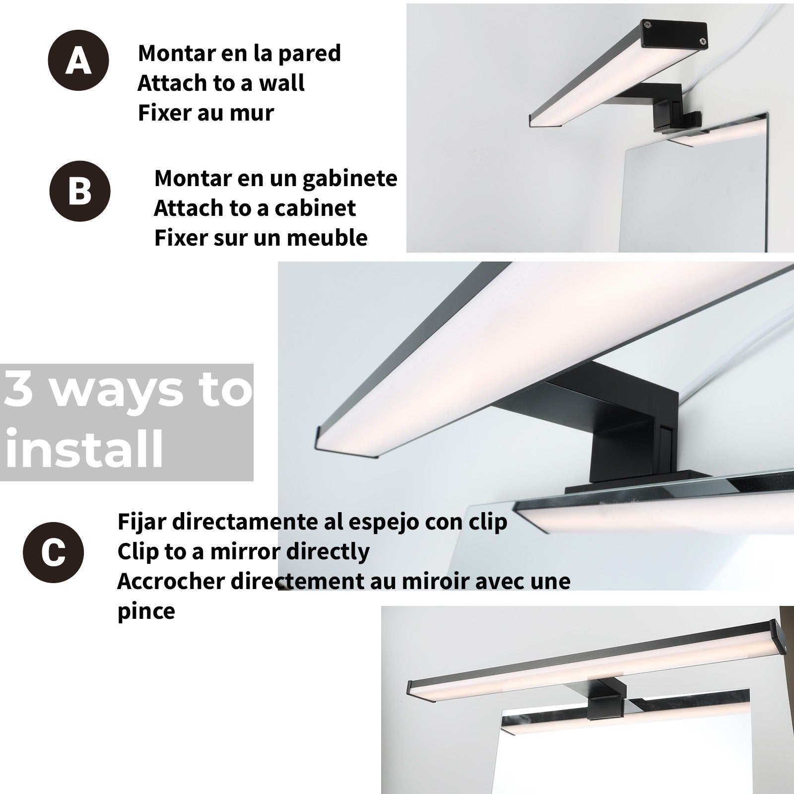 Aplique de Pared LED Slim para Baño y Espejo de Aluminio, 10W-40cm-IP44, Luz Blanca Neutra 4000K Negro - 2