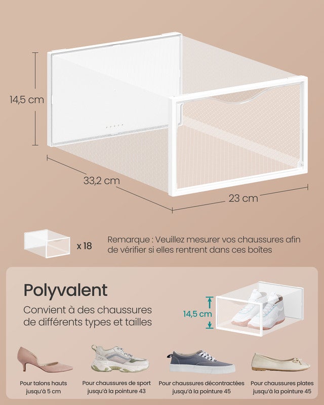 Boîtes à Chaussures, Lot de 18, Transparentes, en Plastique, avec Porte, Empilables, 33,2 x 23 x 14,5 cm, Transparent et Blanc - 4
