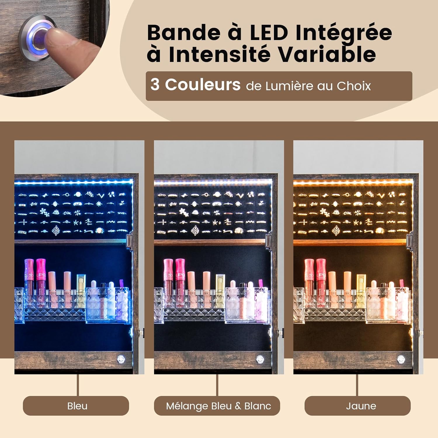 Armoire à Bijoux avec Miroir sur Pieds,Grand Miroir Psyché Sans Cadre avec Éclairage LED 3 Couleurs, avec 3 Angles Ajustables(Marron Rustique) - 7