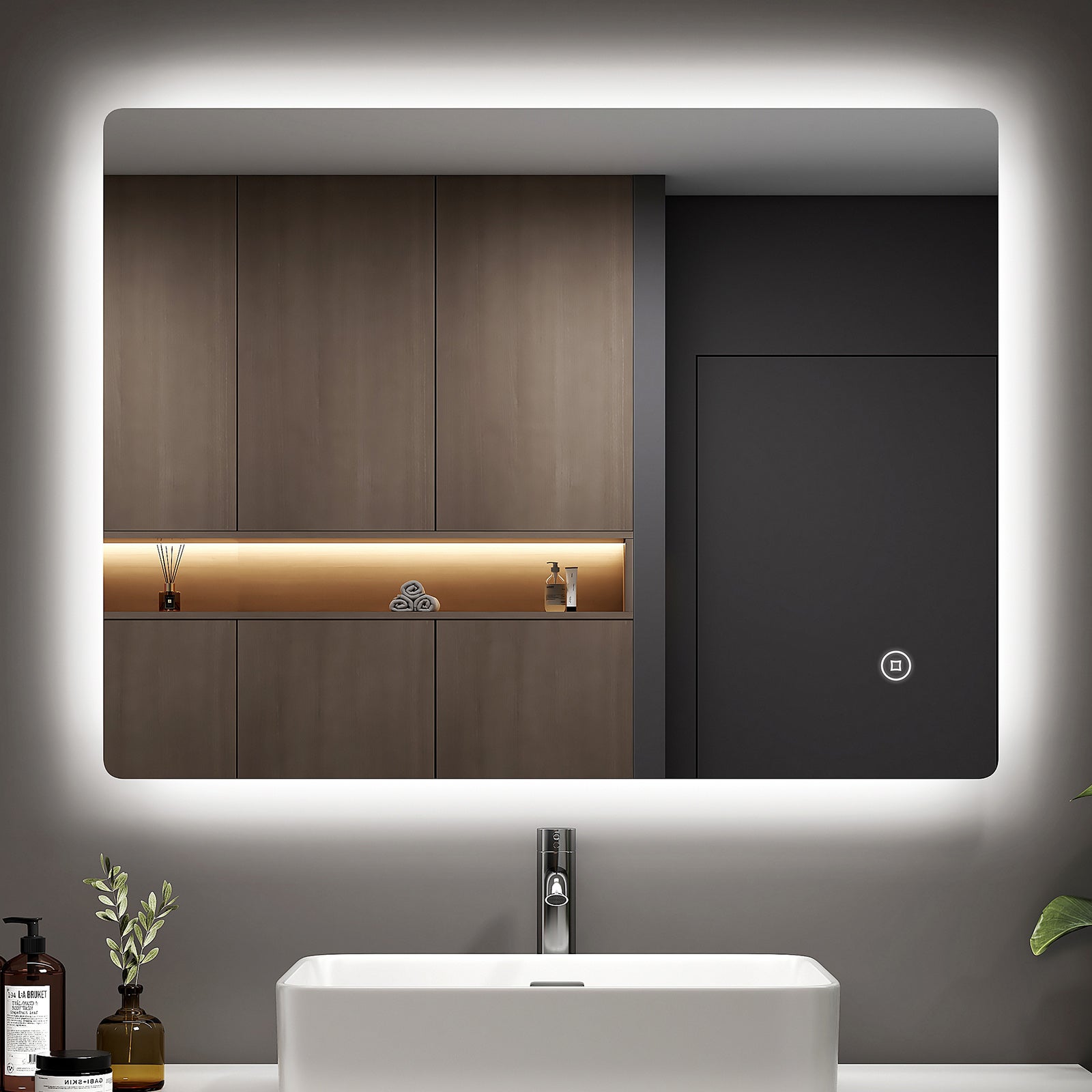EMKE Lustro łazienkowe z oświetleniem LED 80x60 cm, z 6500K, możliwość ściemniania, przeciwmgielne, funkcja pamięci, IP44, bezramowe