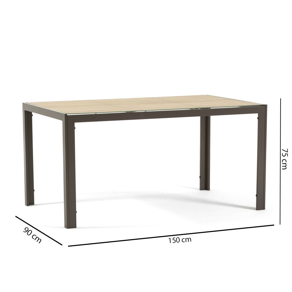 Mesa rectangular 150x90 cm fija con estructura de aluminio y tablero de vidrio decorado Milo para interior/exterior madera/tórtola - 6