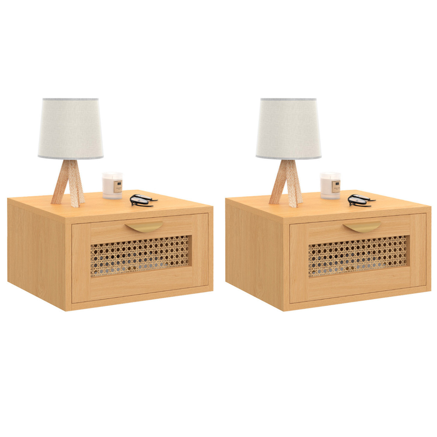 Lot de 2 tables de chevet murales EDHEN 1 tiroir étagère suspendue cannage et bois - 2