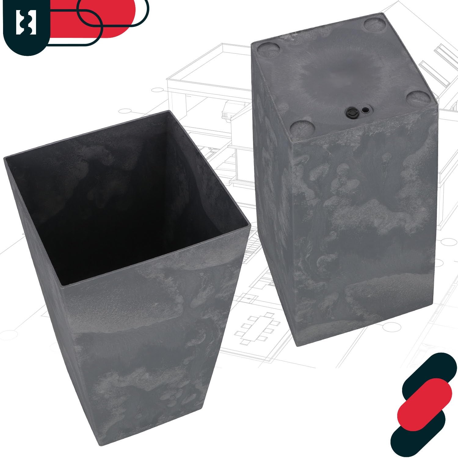 Vaso 400 x 400 x 750 mm, struttura in cemento quadrata con vaso interno grigio scuro - KOTARBAU - 6