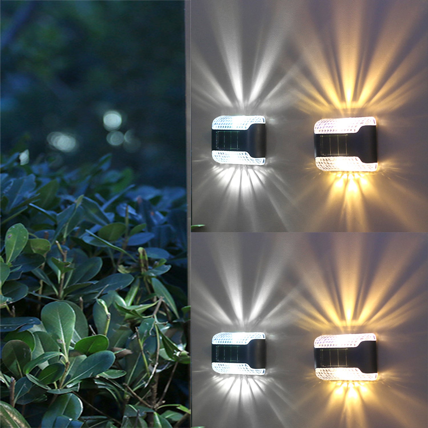Zewnętrzne lampy solarne, kinkiety górne i dolne, dwa kolory światła, odpowiednie do parkingów i na dziedzińce (zestaw 4 szt.)