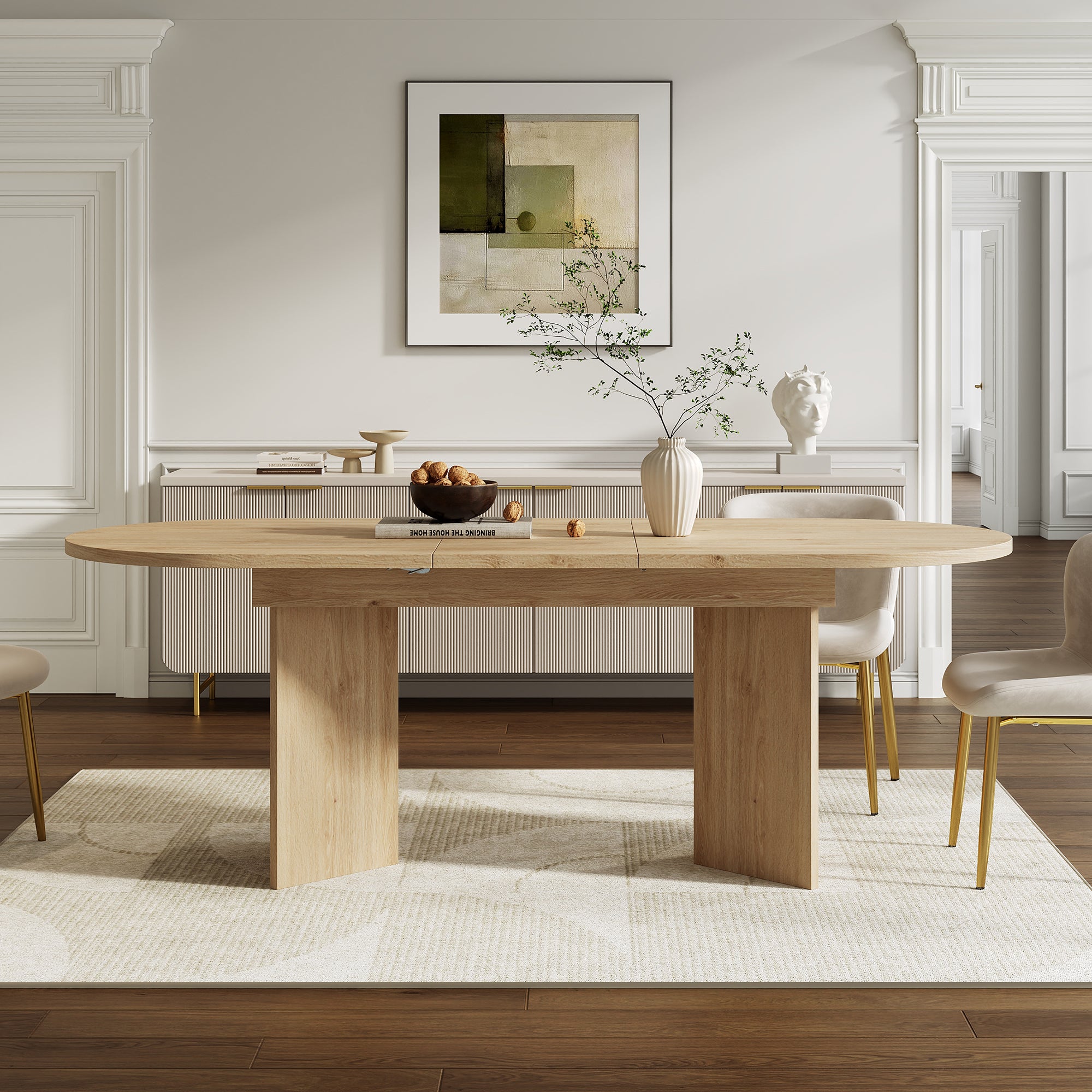 Ensemble table à manger ovale extensible + 6 chaises de salle à manger en velours sans accoudoirs - 120/160 x 80 x 75.5 cm - MDF - Chêne - 2