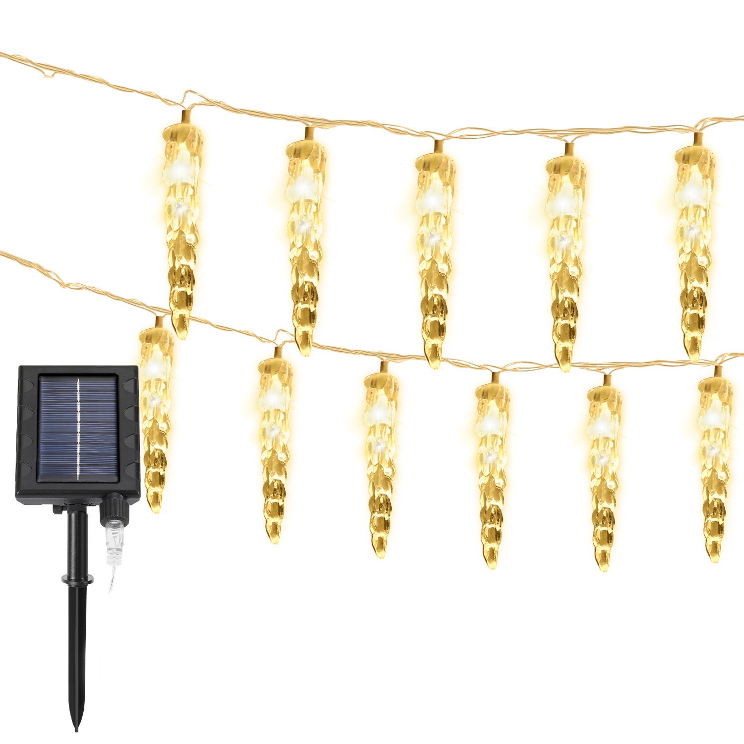 Świąteczny łańcuch świetlny LED z soplami solarnymi, 10 m, 80 diod LED, do dekoracji wewnątrz i na zewnątrz – ciepła biel