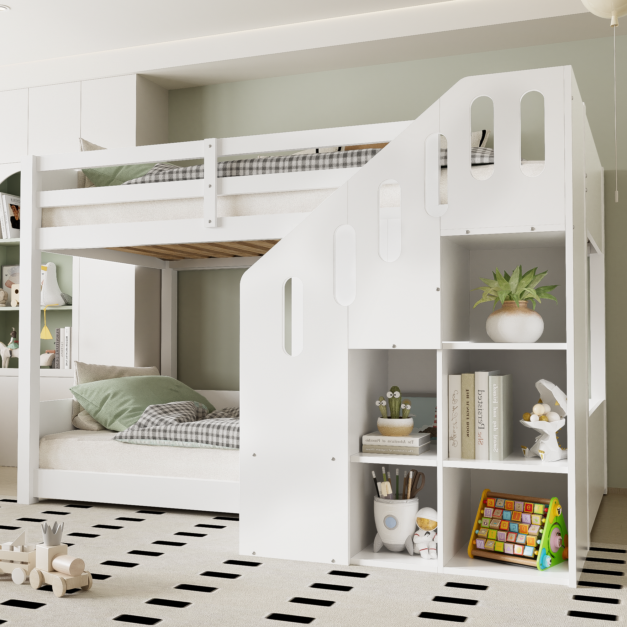 Lit superposé pour enfant - 2x90x200 cm - avec casier d'escalier et garde-corps - Blanc (sans matelas) - 3
