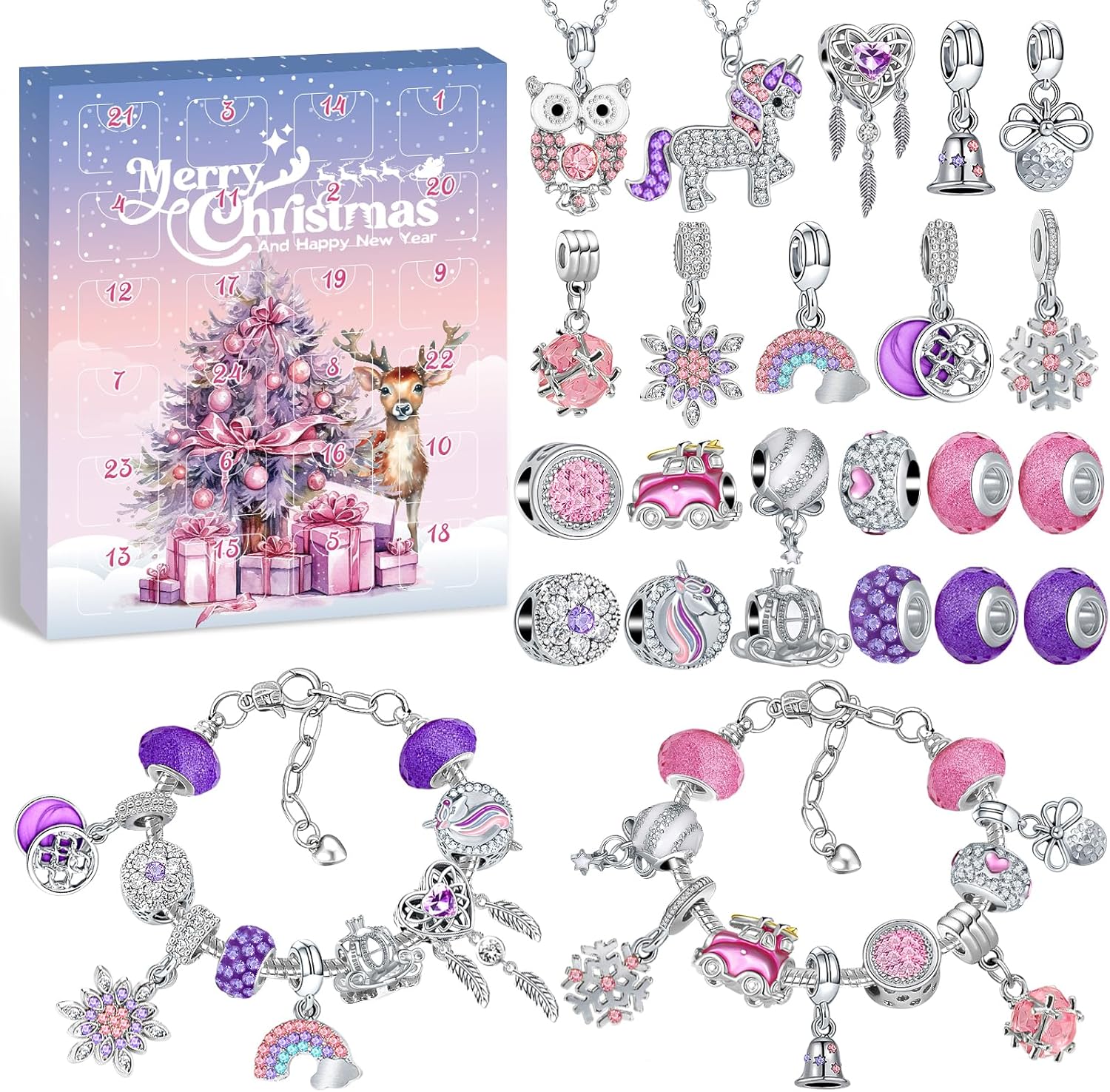 Calendrier de l'Avent 2025 Fille, DIY Charms Bracelet Jouet Kit, Calendrier de Noël Bracelet Fabrication Bijoux Enfant Fille Ado Cadeaux de Noël, Calendrier de l'avent Bijoux 5 6 7 8 9 10 11 12 13 Ans