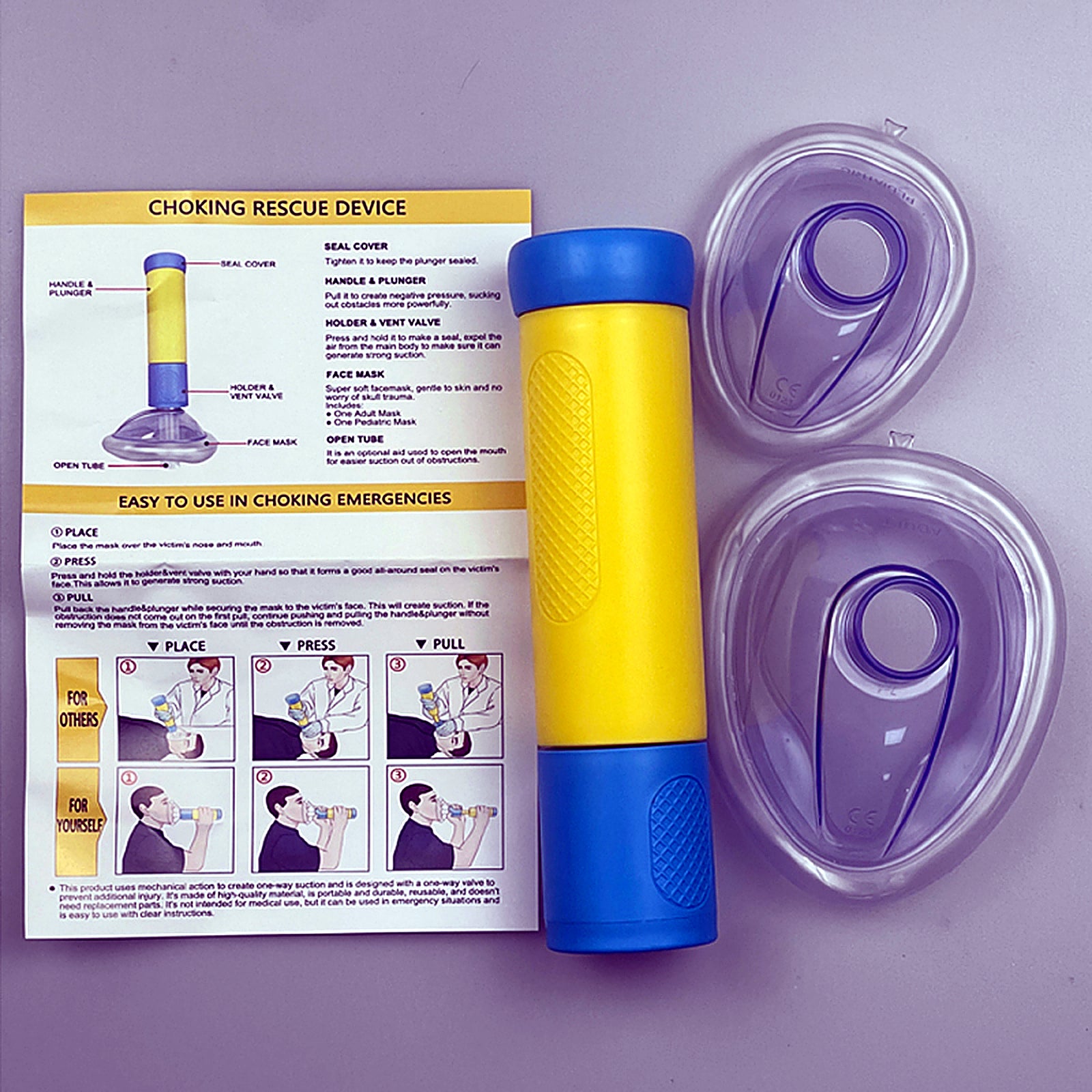 Dispositif de premiers secours à aspiration manuelle avec poignée ergonomique, 2 masques souples et tube d’ouverture - 8