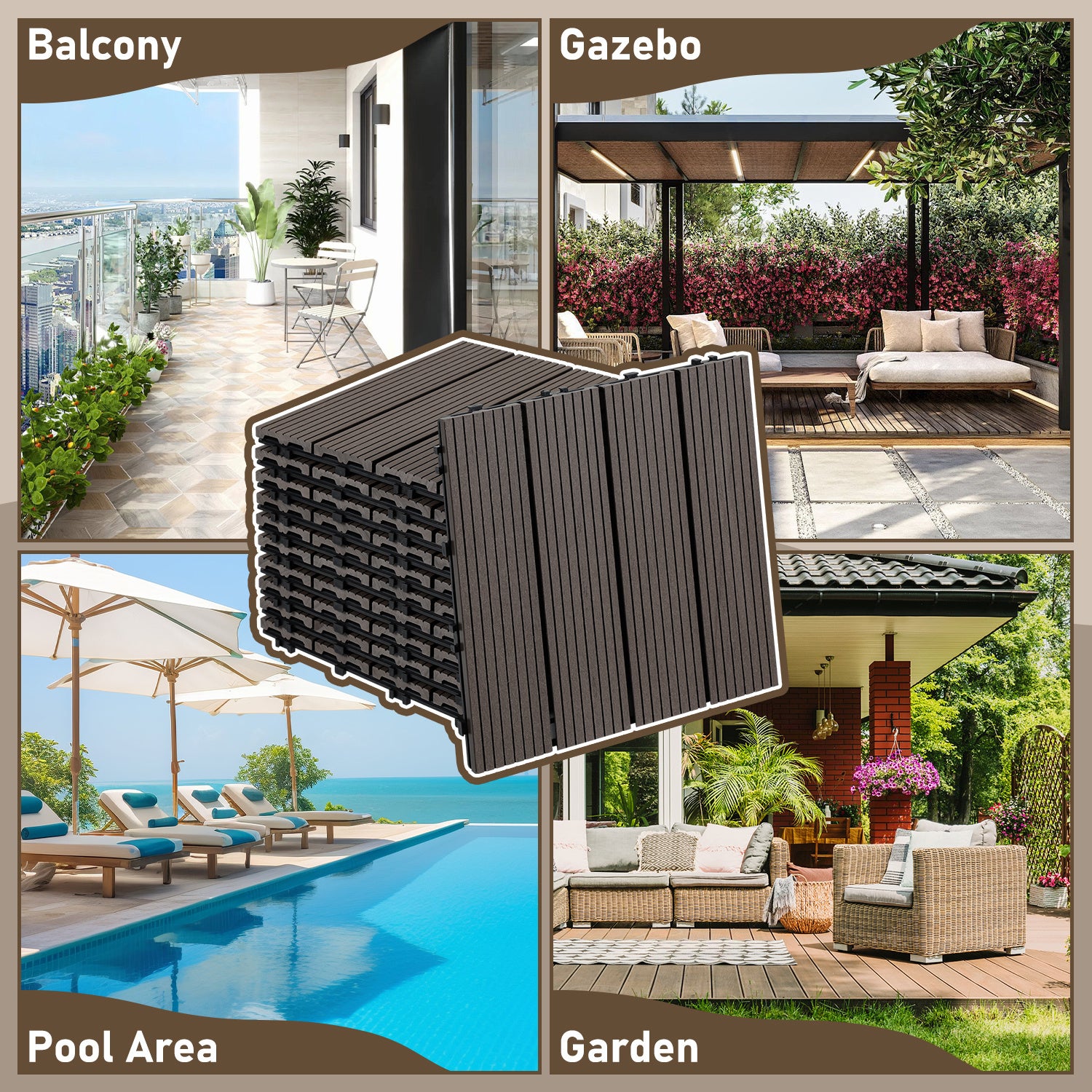 Lot de 99 dalles de Terrasse Clipsable 30 X 30 cm Revêtement Extérieur Pour Jardin Balcon Piscine Marron café - 7