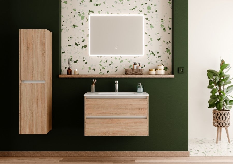 Meuble vasque suspendu JUPITER 3.0 80 cm bois clair 2 tiroirs + miroir ...