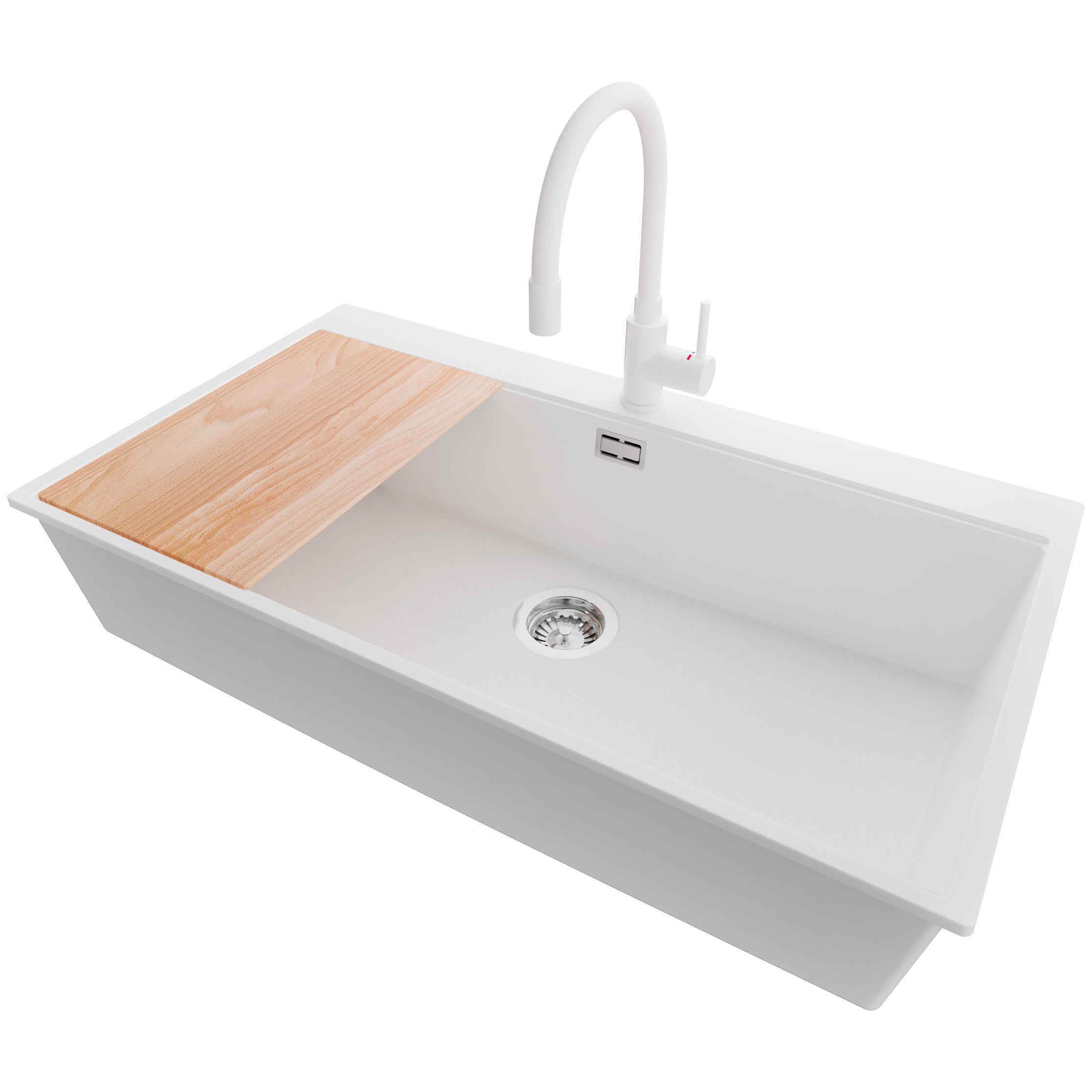 Zlewozmywak Granitowy Biały 88x50cm, Zlew Kuchenny 1 Komorowy + Bateria 38x14cm + Syfon + Deska, Nablatowy do szafki od 90cm - Oslo PRIMAGRAN