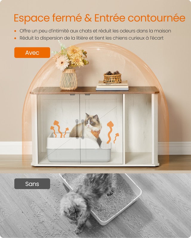 Meuble Litière pour Chat, Meuble Moderne Cache-Litière, Double Porte, Poignées, Table d’Appoint, 85 x 48,5 x 50 cm, Marron Miel et Blanc Rustique - 6