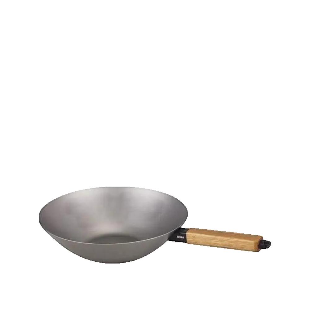 Patelnia wok Beka z stali węglowej 20 cm z drewnianą rączką lekka i kompatybilna z indukcją