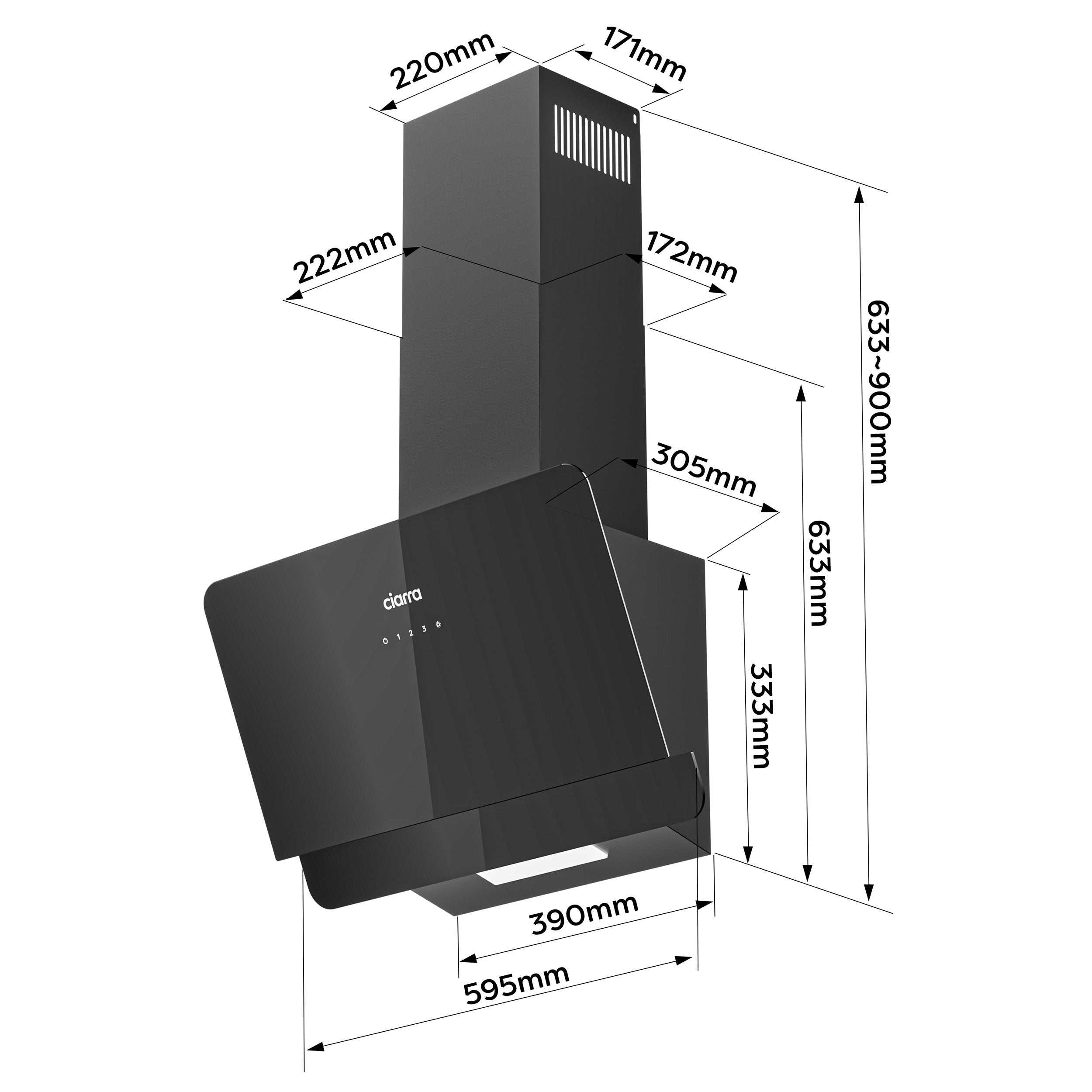 CIARRA Cappa a parete 60cm 590m³/h Classe A+ Comandi Touch 3 Velocità Ricircolo o Scarico Nero CD6765CB - 9