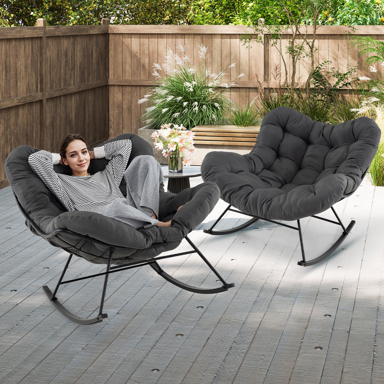 Fauteuil à Bascule Intérieur et Extérieur, Chaise Papasan Forme oeuf Surdimensionnée avec Coussin Rembourré, Charge 205KG, Noir Anthracite - 3