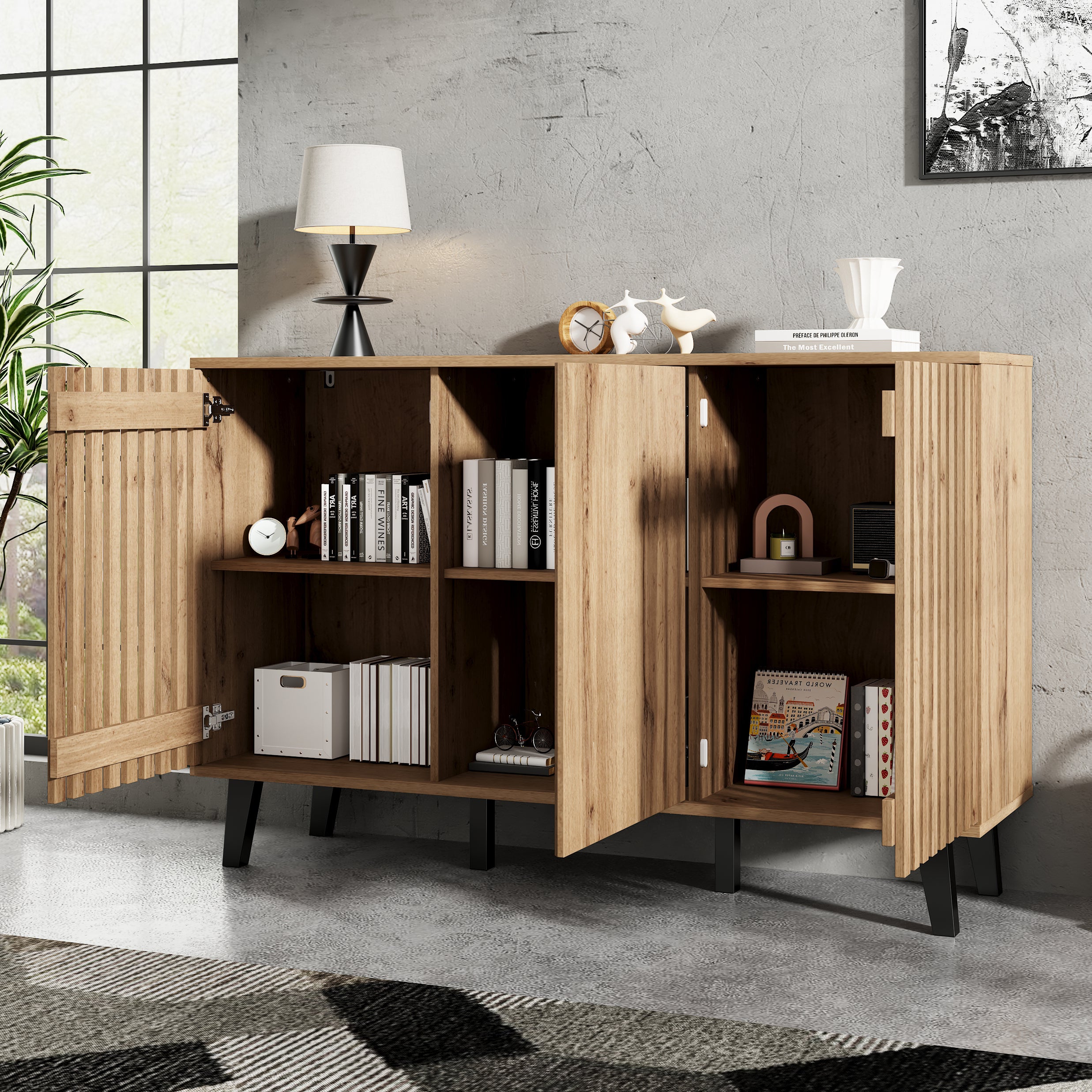 Buffet 150x40x95 cm - 3 portes et 6 compartiments de rangement - Style scandinave - Naturel - 5