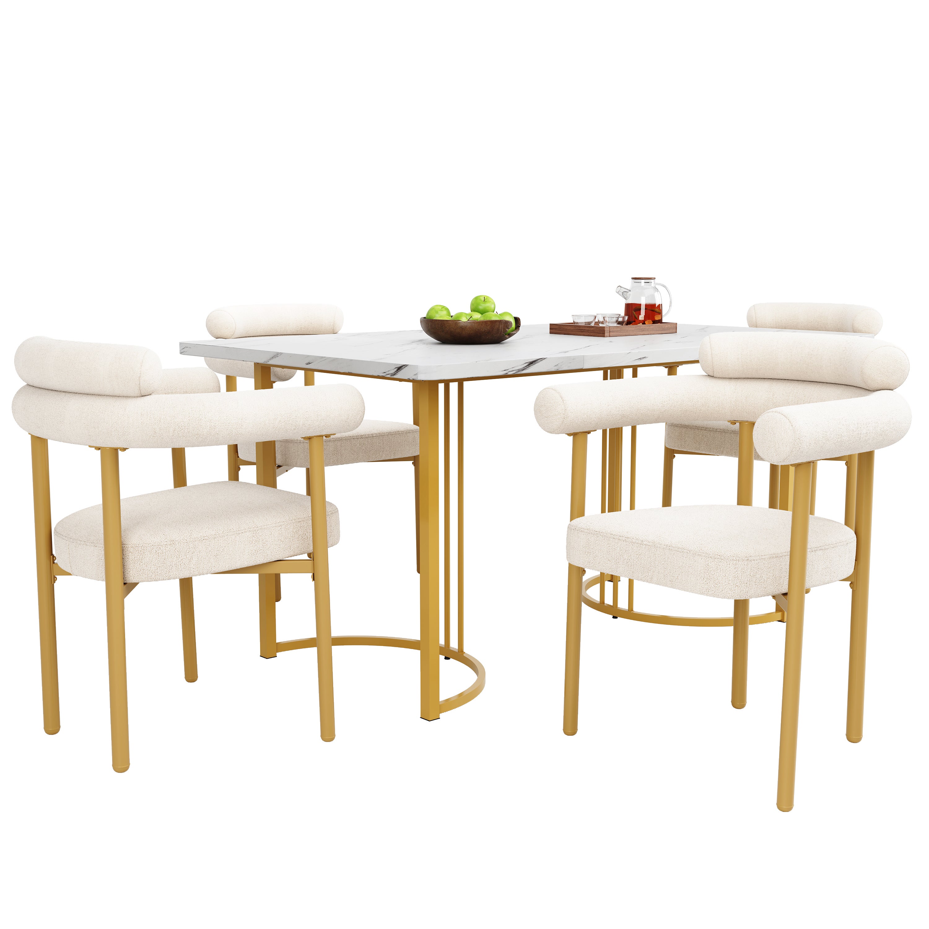 Ensemble table à manger + 4 chaises en velours - 140 x 80 x 75 cm - MDF + Pieds en métal doré - Beige - 2