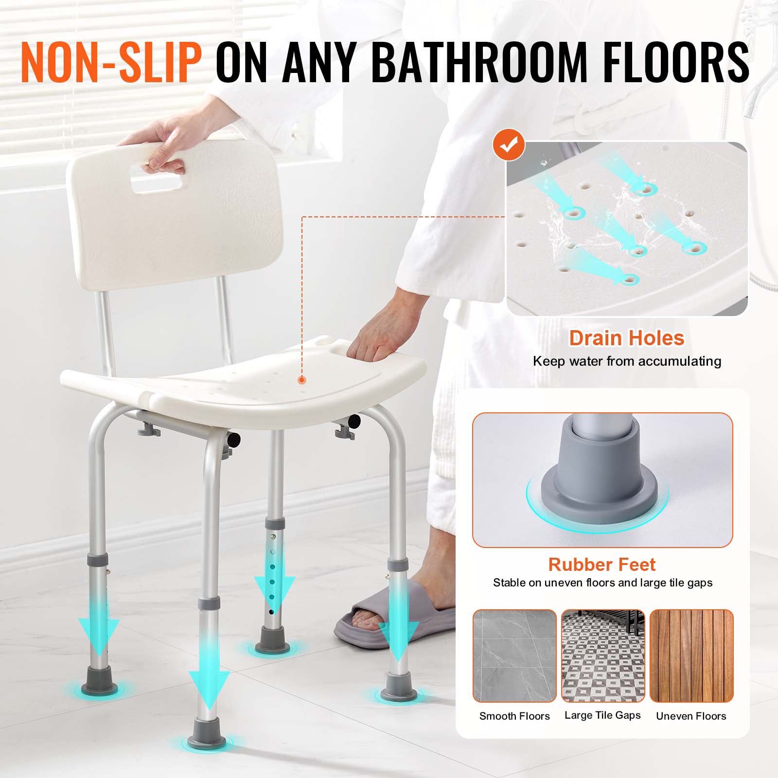 Silla de ducha con respaldo,SucceBuy asiento de ducha ajustable en altura,banco antideslizante,capacidad de 158,8 kg - 5