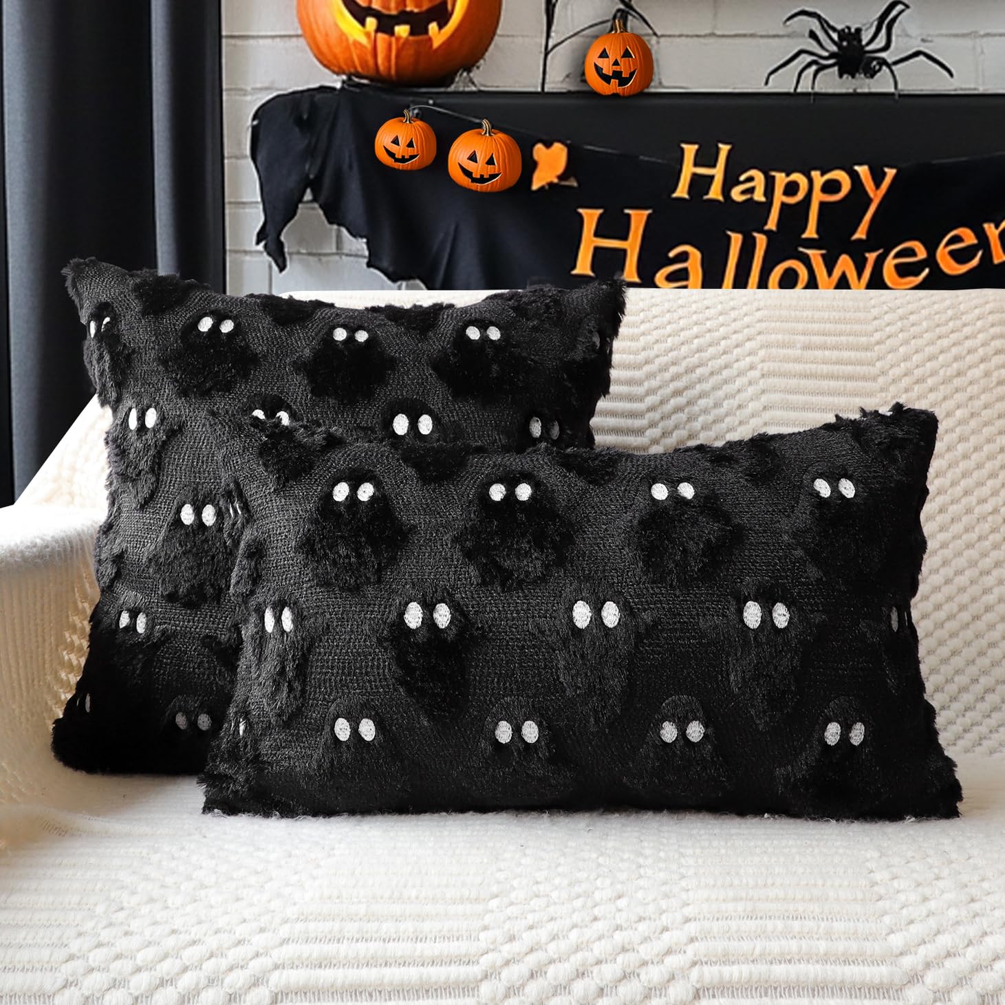 4 taies d'oreiller fantôme Halloween, idéales pour les canapés, idéales pour la décoration intérieure, 45 x 45 cm, noires. - 4