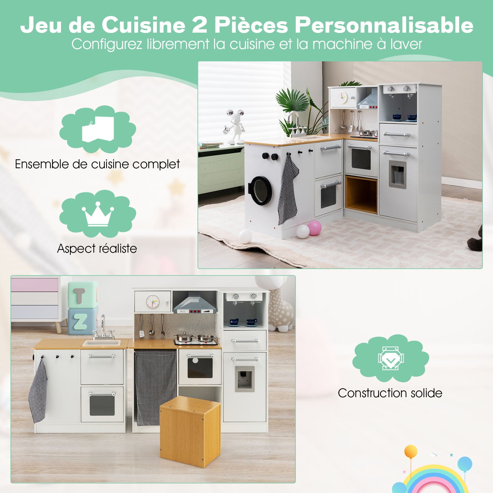 Cuisine Enfants Bois ,Jeux d’Imitation Cuisinière avec Machine à Laver, Sons et Lumière Réels,Tabouret,Cafetière,Distributeur d'eau, Blanc - 7