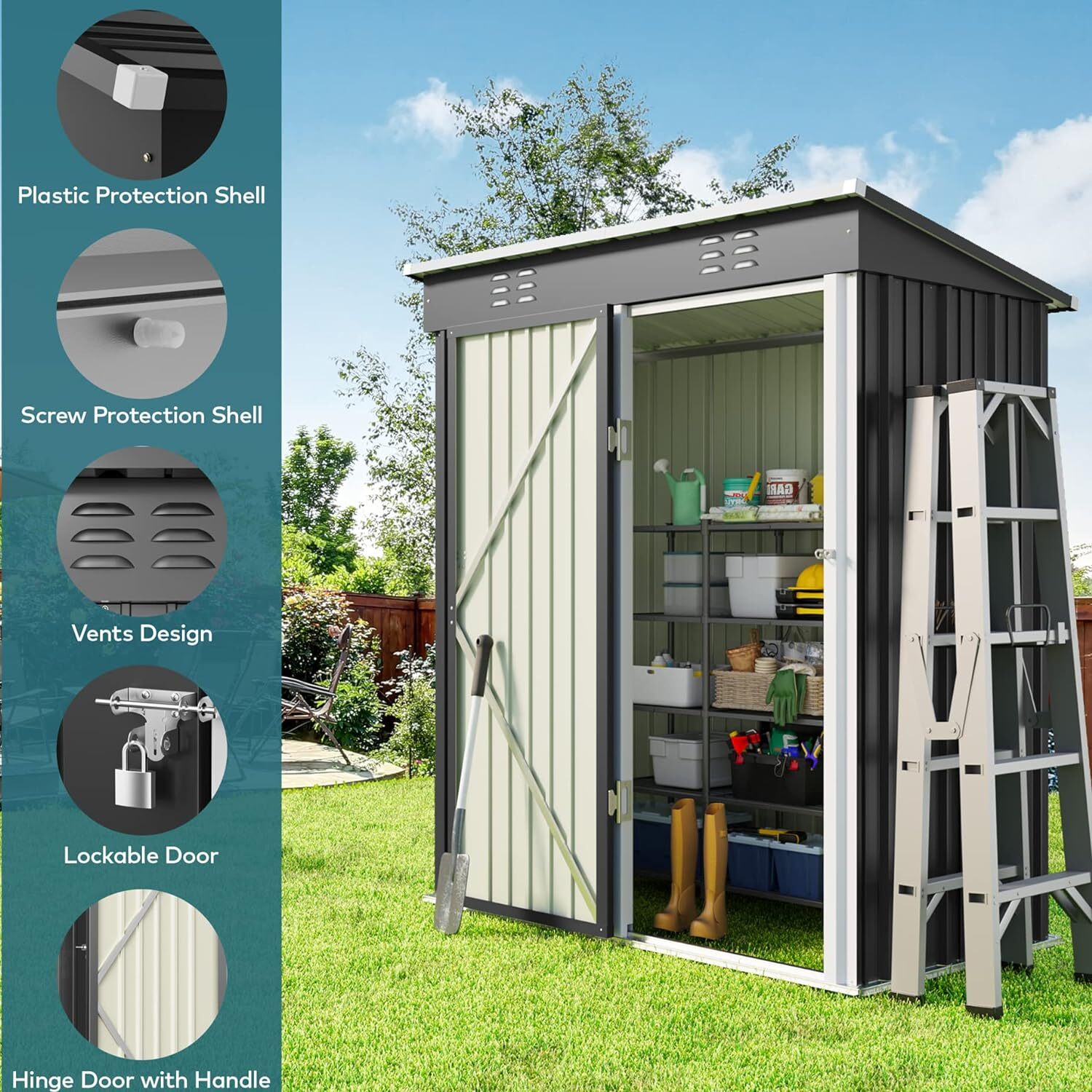 Abre-teto de jardim metálico Bealife 162 x 95 x 182 cm, cinza, construção estável para o jardim - 7