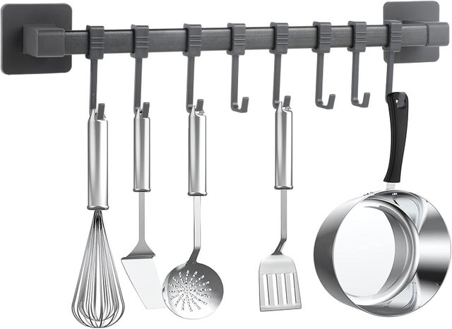 Hak kuchenny bez wiercenia – samoprzylepny, czarny, ruchomy hak ścienny na przybory kuchenne i kuchenne, 8 haczyków