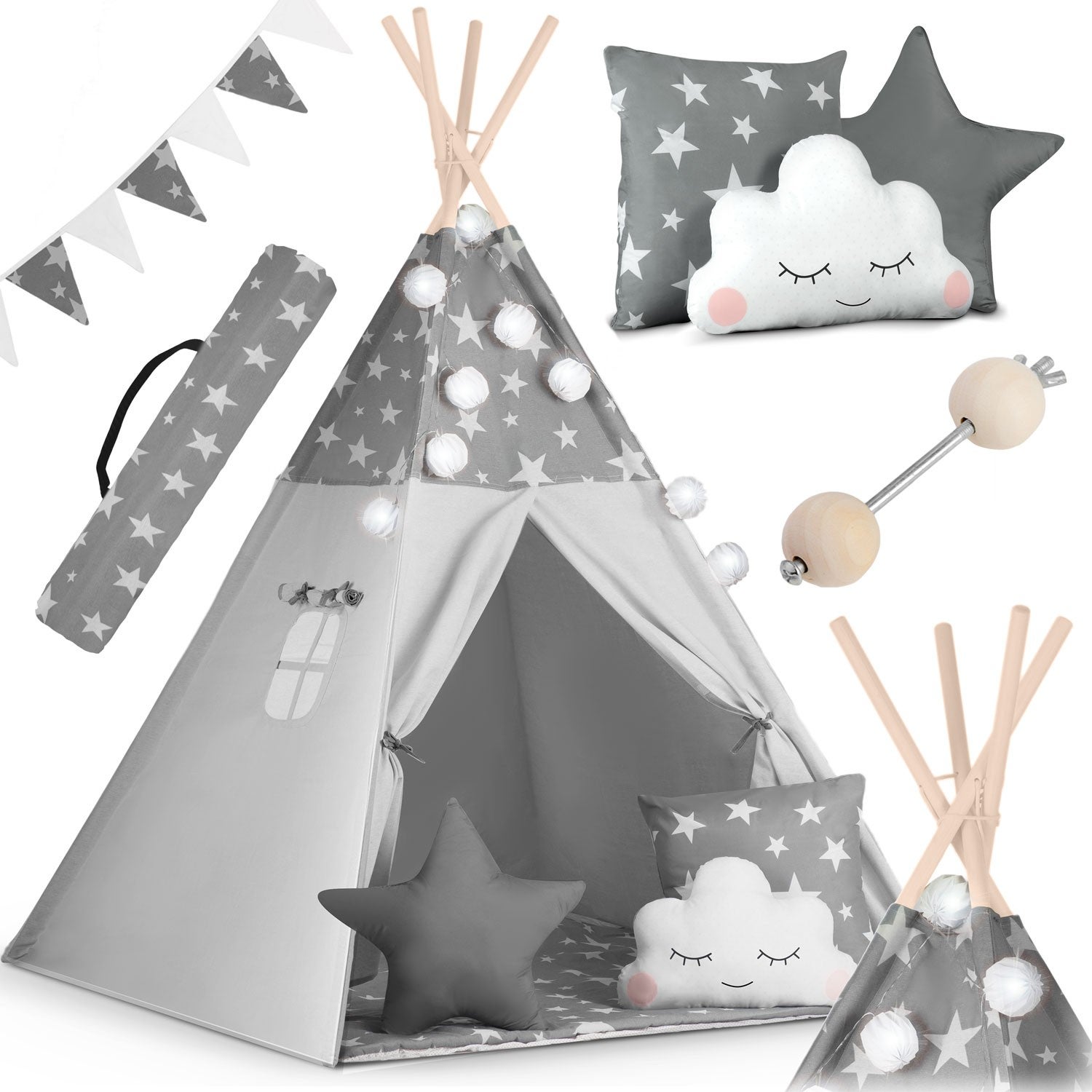 Tipi namiot wigwam dla dzieci Nukido TEEPEE szary girlanda poduszki stabilizator