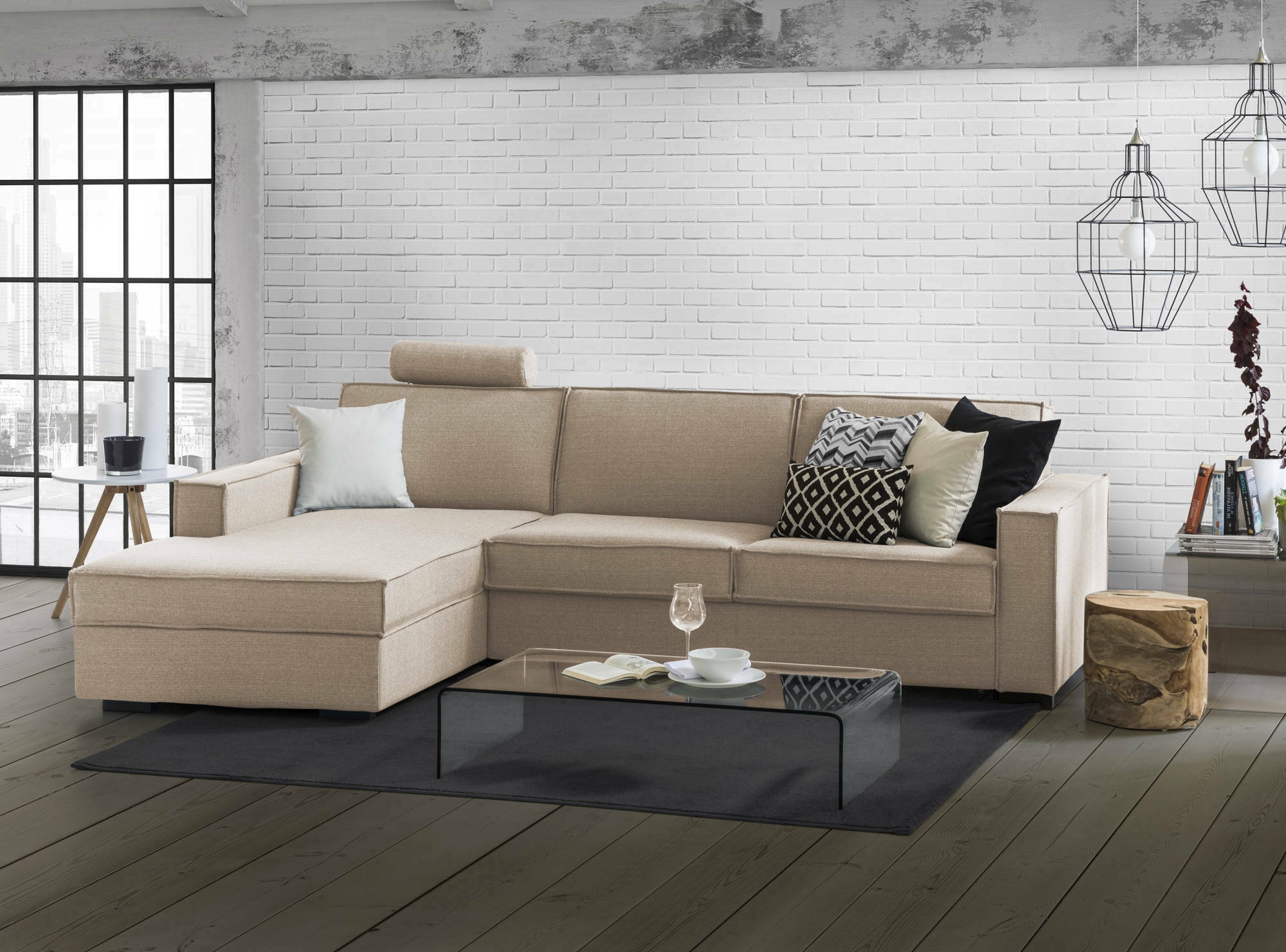 Sofá cama adima, sofá de esquina, sofá con apertura giratoria, península contenedor izquierda, con reposabrazos delgados, cm 260x95h90