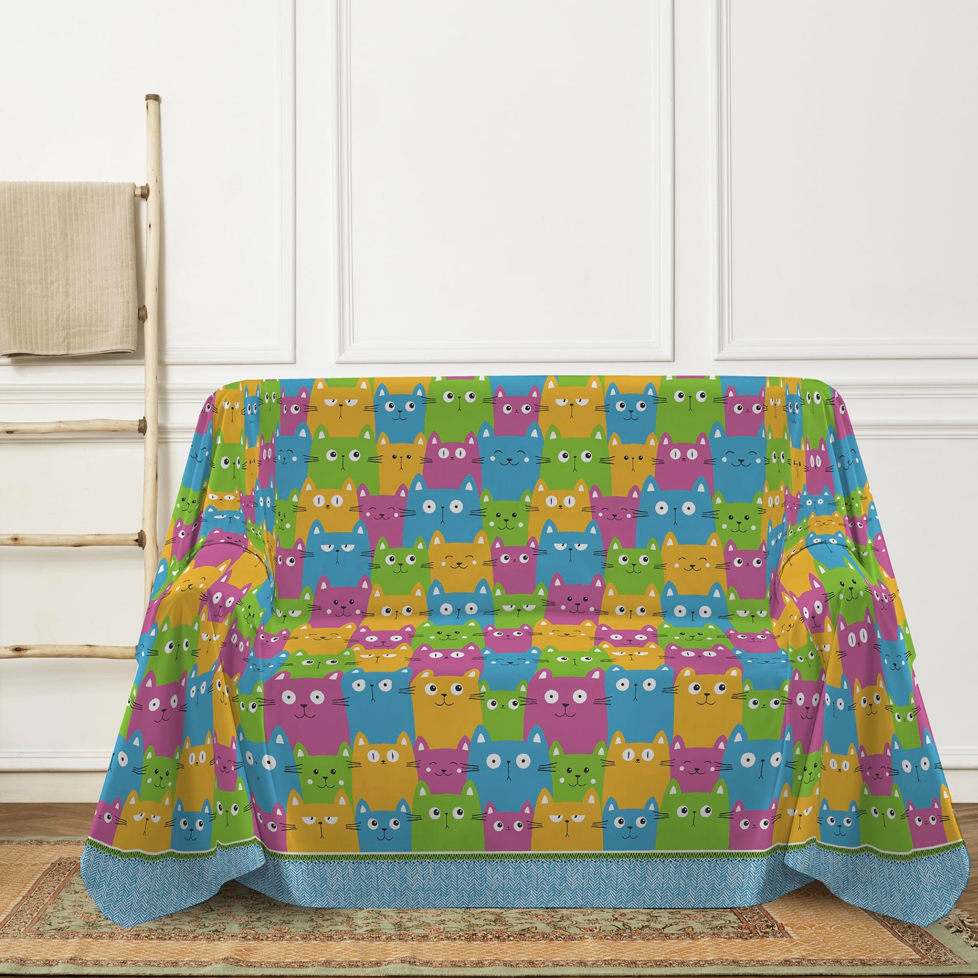 PENSIERI DELICATI Telo Copridivano 250 x 290 cm Made in Italy, Telo Copritutto 100% Cotone Puro, Fantasia Happycat Multicolor, Ideale Come Telo Arredo - 2