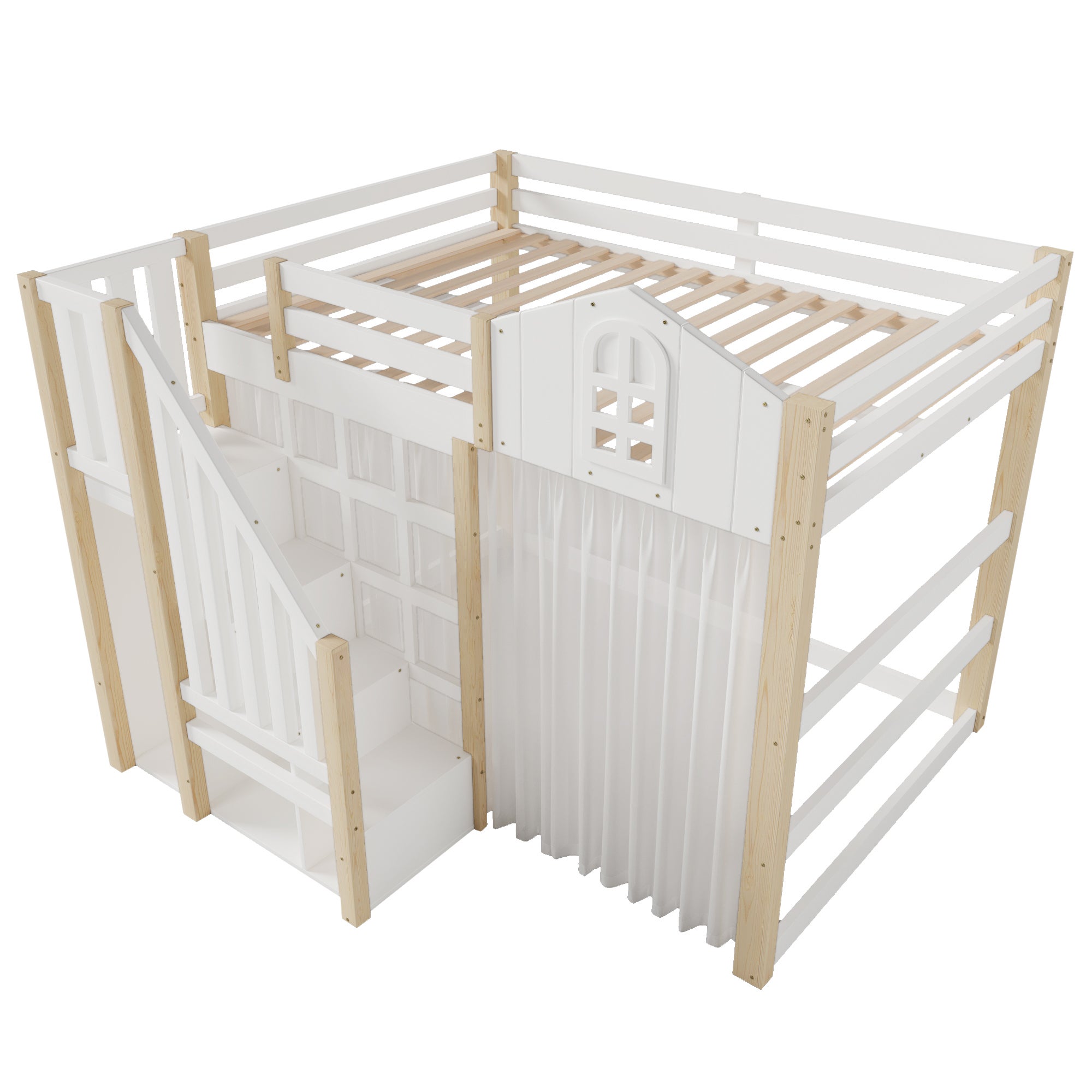 Lit superposé château 140x200 cm avec LED, lit mezzanine bois avec escalier de rangement, espace bureau modulable et voilage, Blanc - 6