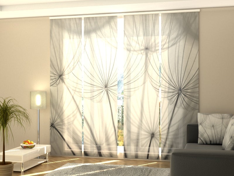 Set de 4 panneaux japonais avec un rail à 4 voies, pissenlit de couleur  grise. Dimensions : 60 x 245 cm. Pour chambres. | Leroy Merlin