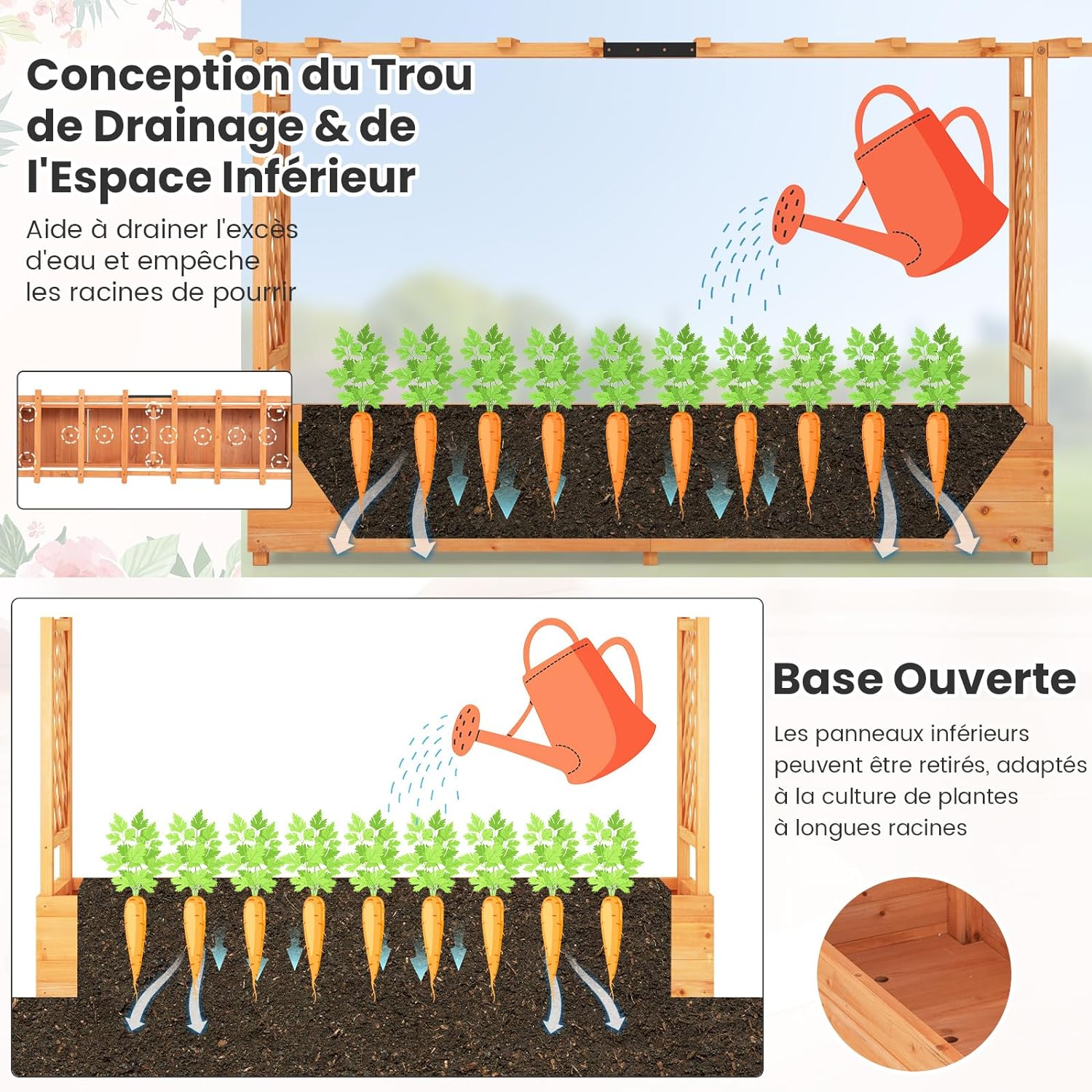 Jardinière avec 2 Treillis Latéraux Toit Suspendu en Bois de Sapin,200 x 44 x 114 cm - 3