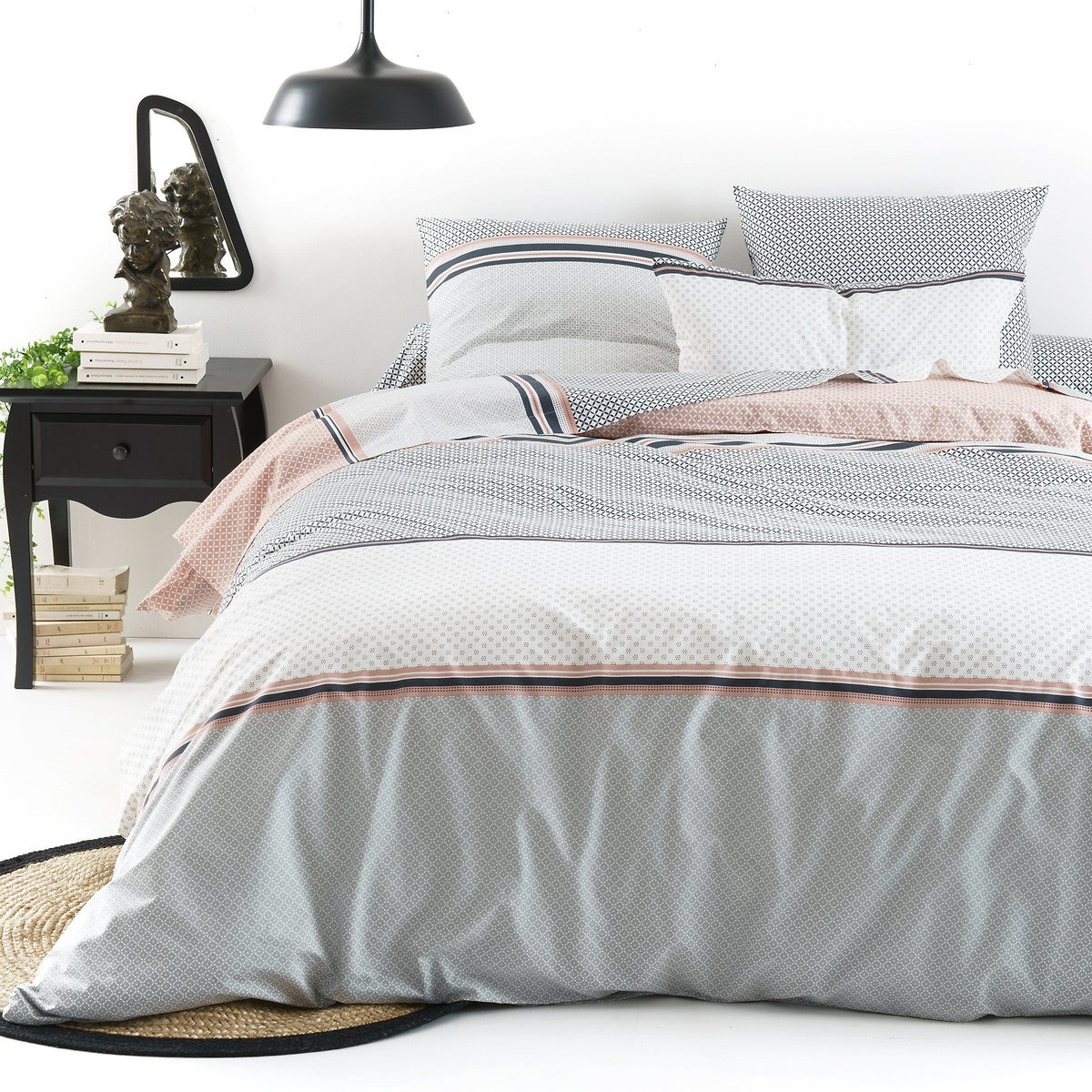 Housse de couette coton, Nayma - Gris/rose poudrée - 240 x 220 cm - 7