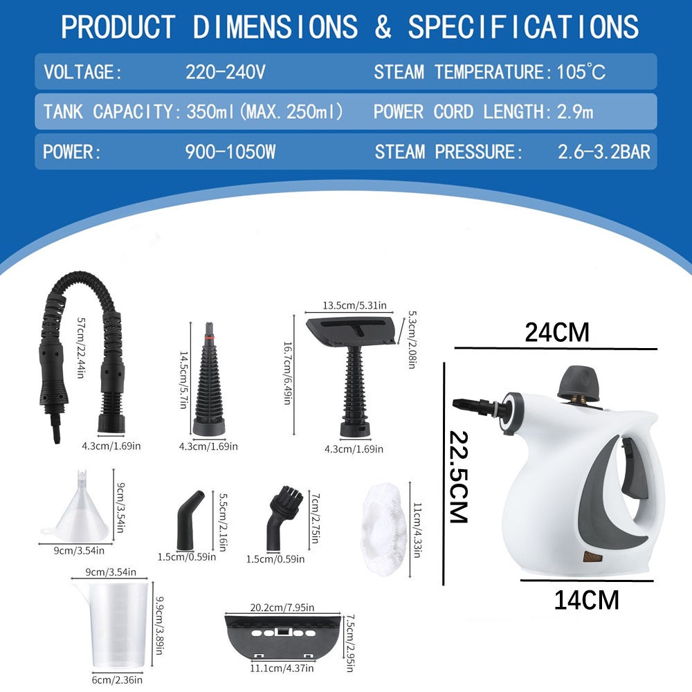 Nettoyeur vapeur multifonction avec 9 accessoires, nettoyeur vapeur à main à pression, idéal pour éliminer les taches, les poils d'animaux - 2