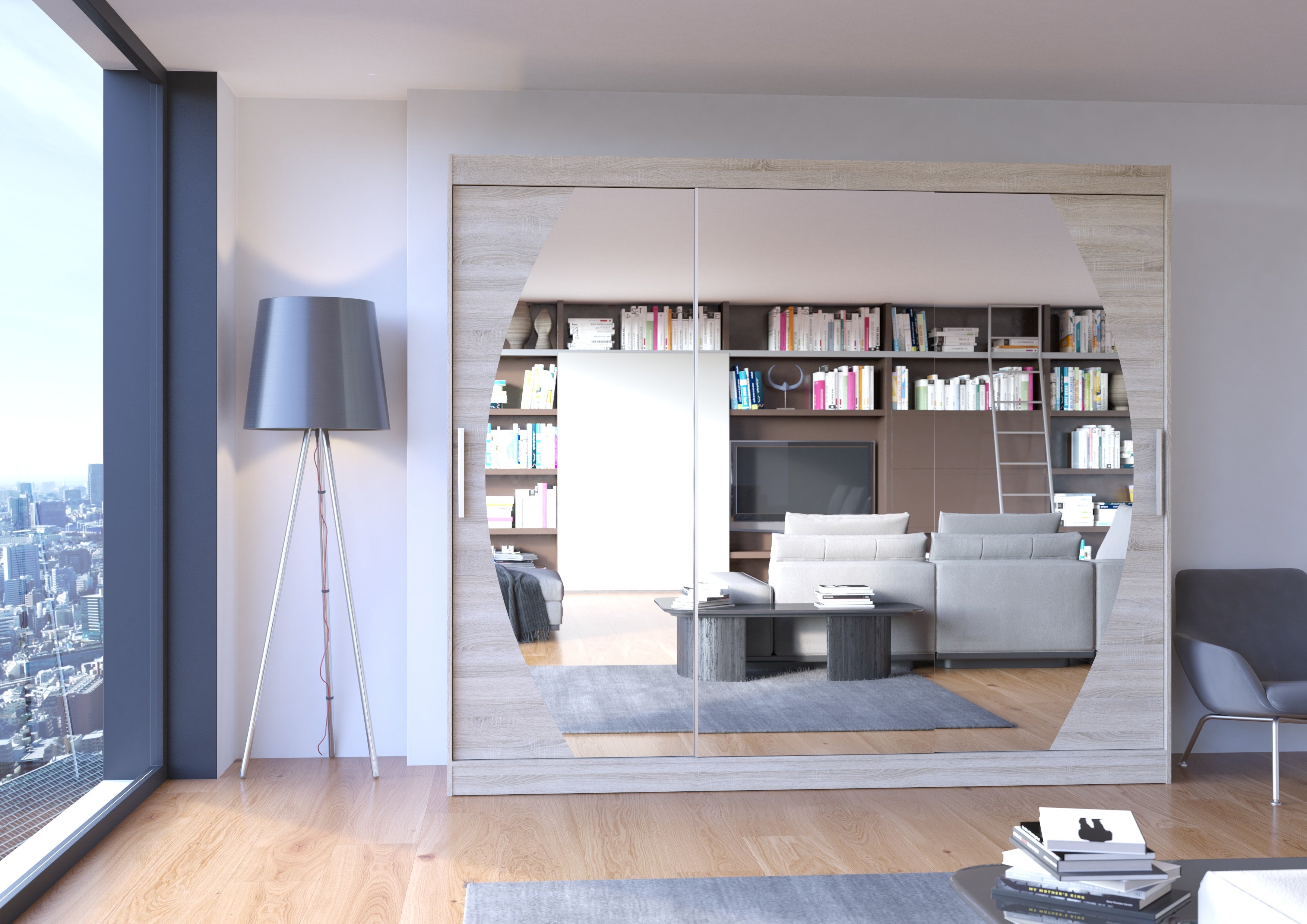 Grande armoire de chambre à coucher 3 portes coulissantes bois clair et miroir Kerry 250cm - 2