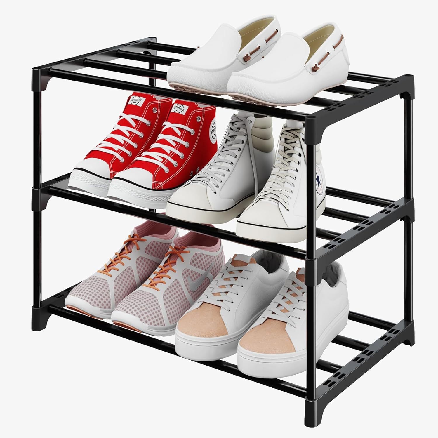 Stojak na buty, 6 par butów, do przedpokoju, salonu, sypialni, garderoby, 3 poziomy (czarny)