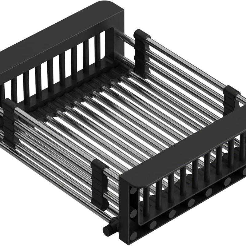 Rozkładany ociekacz ze stali nierdzewnej do zlewu, do suszenia sztućców i naczyń, ociekacz do owoców, czarny, 28 x 22,5 x 9 cm