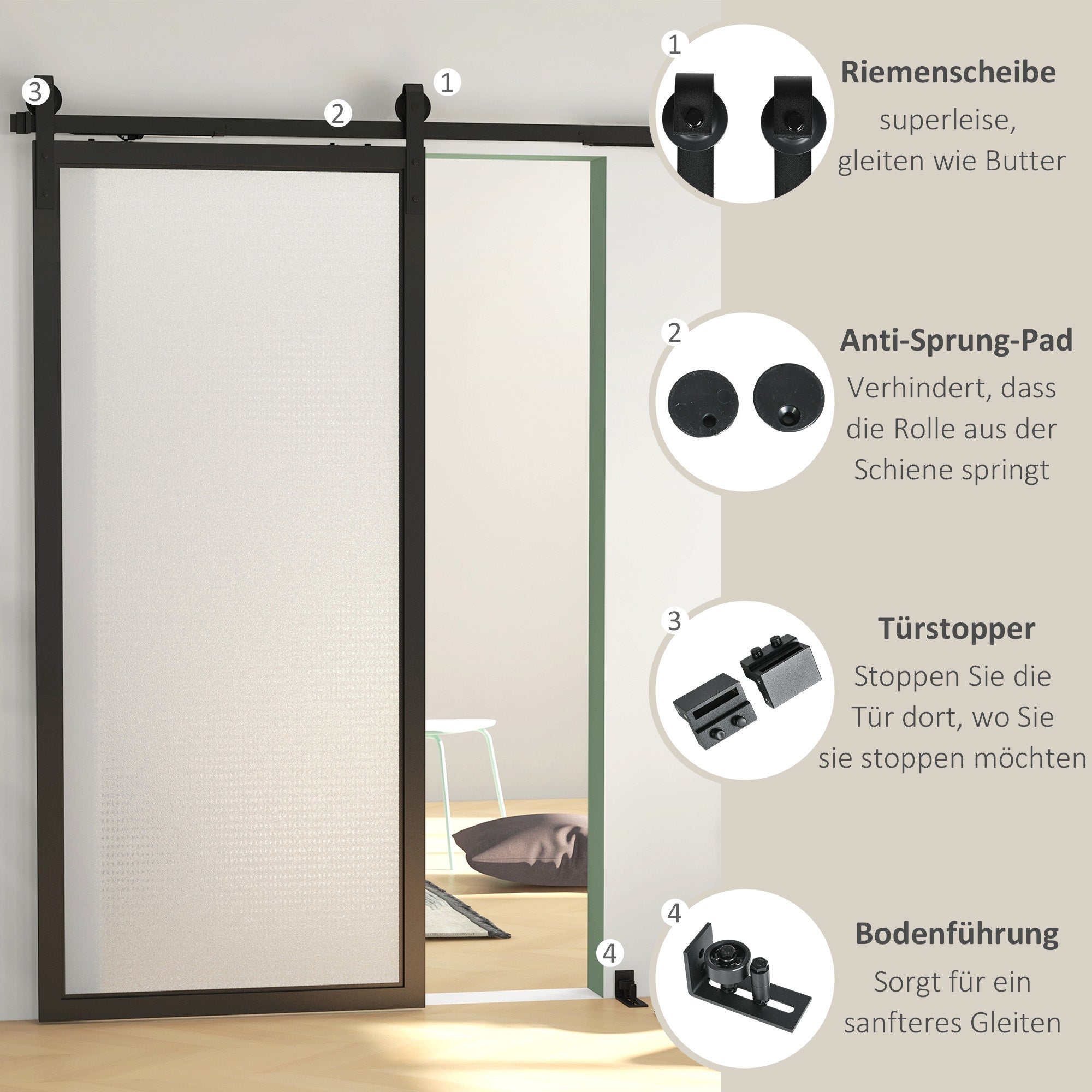 Kit de porte coulissante,silencieux et à fonctionnement fluide,pour murs en bois et ciment,183cm,acier,noir - 7