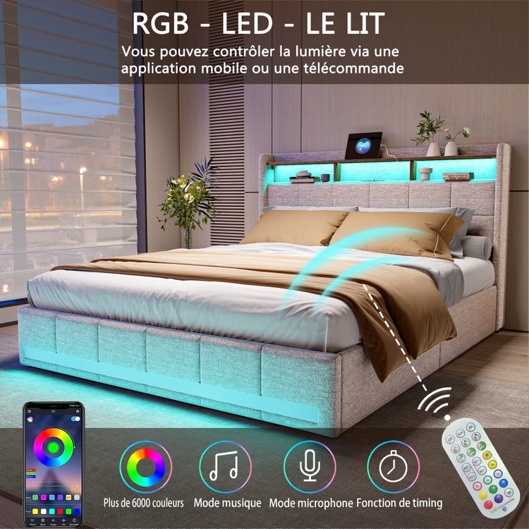 Lit 140x190 cm avec sommier éclairage LED et USB, 4 tiroirs et tête de lit de Rangement, Lin, Beige - 6