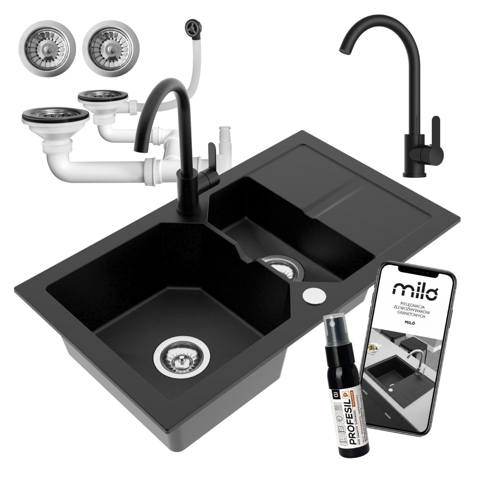 Zlewozmywak półtorakomorowy z ociekaczem Kenzo czarny w zestawie z syfonem przyściennym i baterią Evo Select