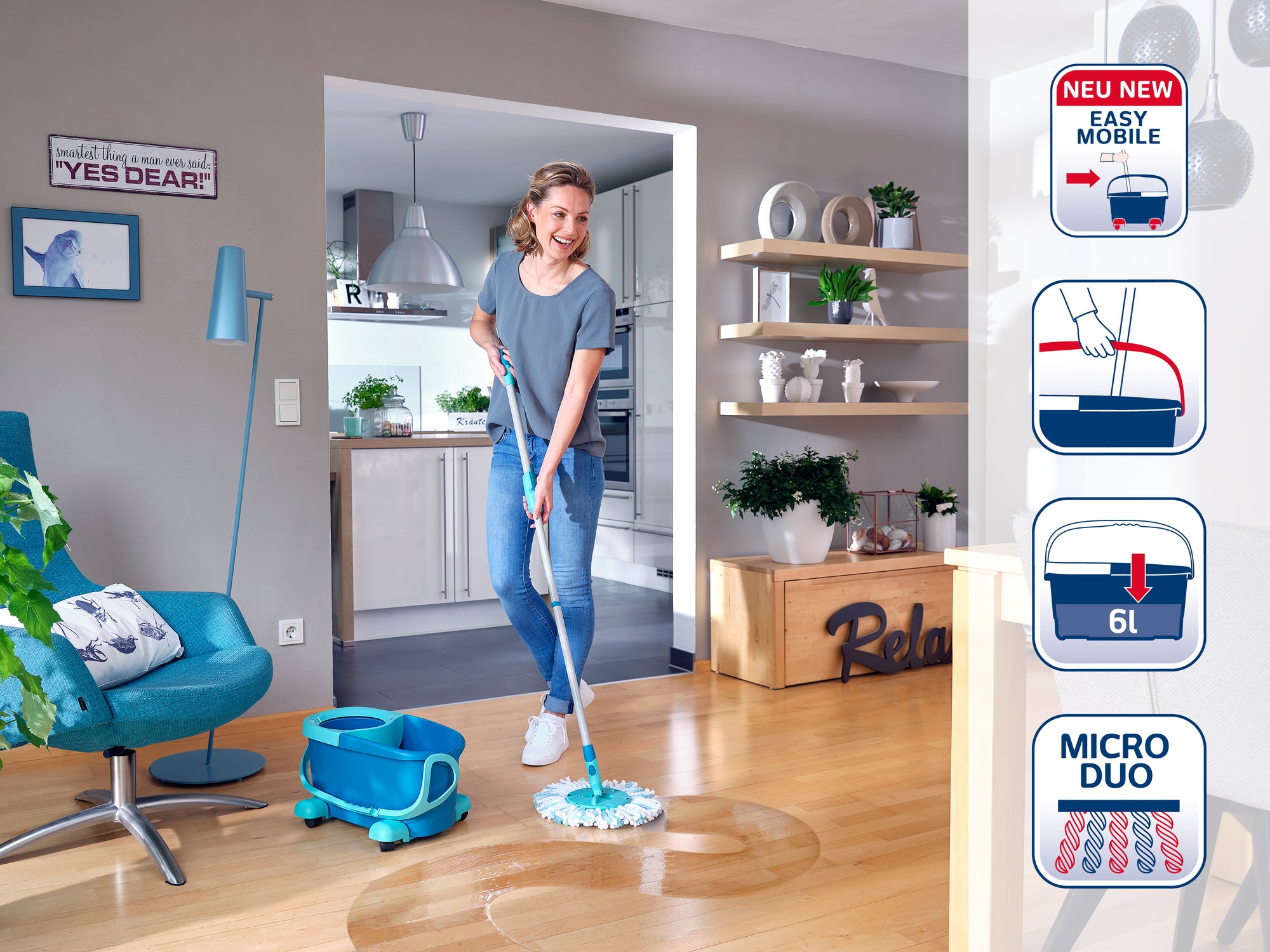Set balai serpillère avec seau essoreur à roulettes Clean Twist Disc Mop Ergo Mobile 52102 Leifheit, tête serpillière à franges, mop - 2
