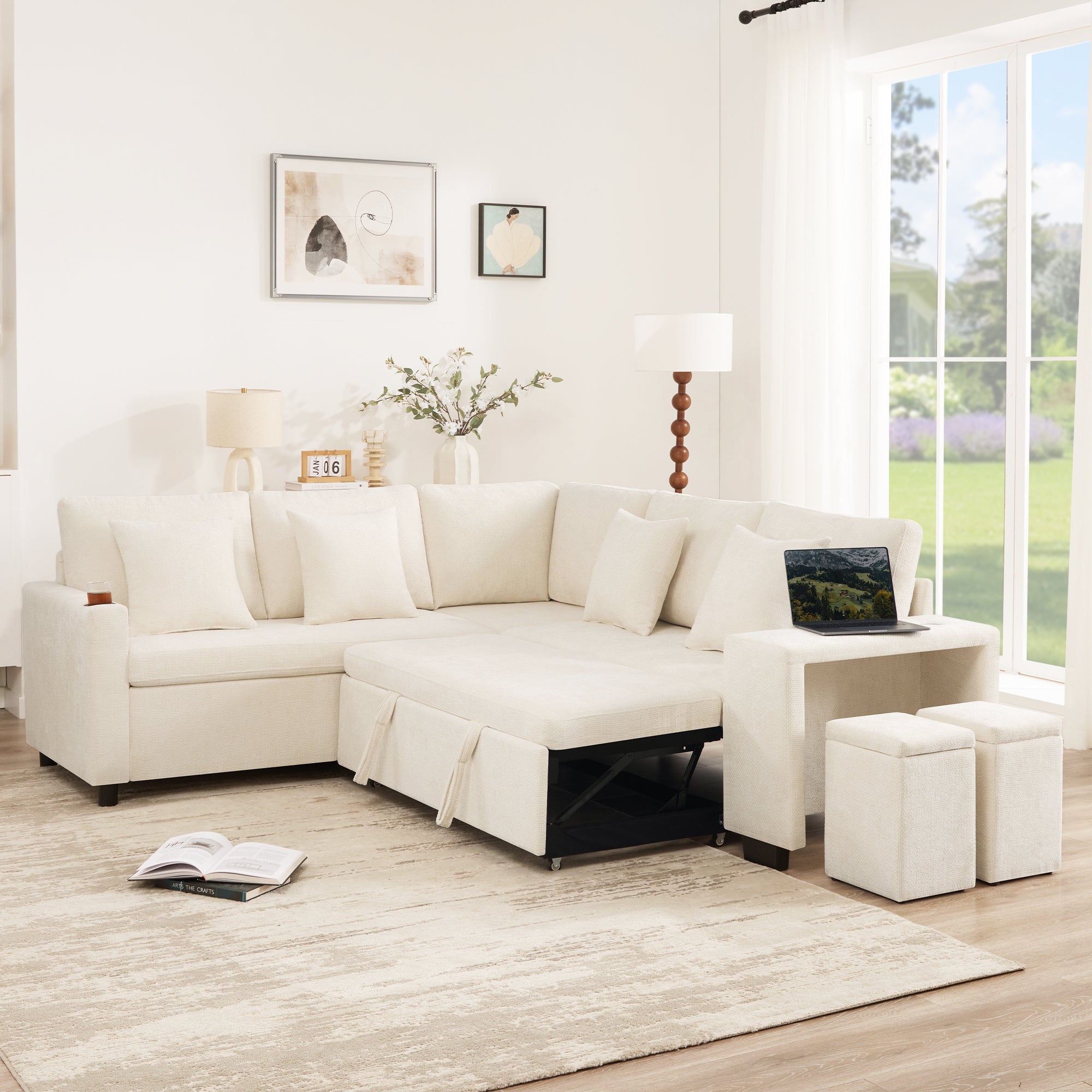 Canapé d'angle modulable 5-7 places avec pouf et rangement - 220 x 205 x 86,5 cm - Chenille - ports USB et USB-C - méridienne réversible - Beige - 4