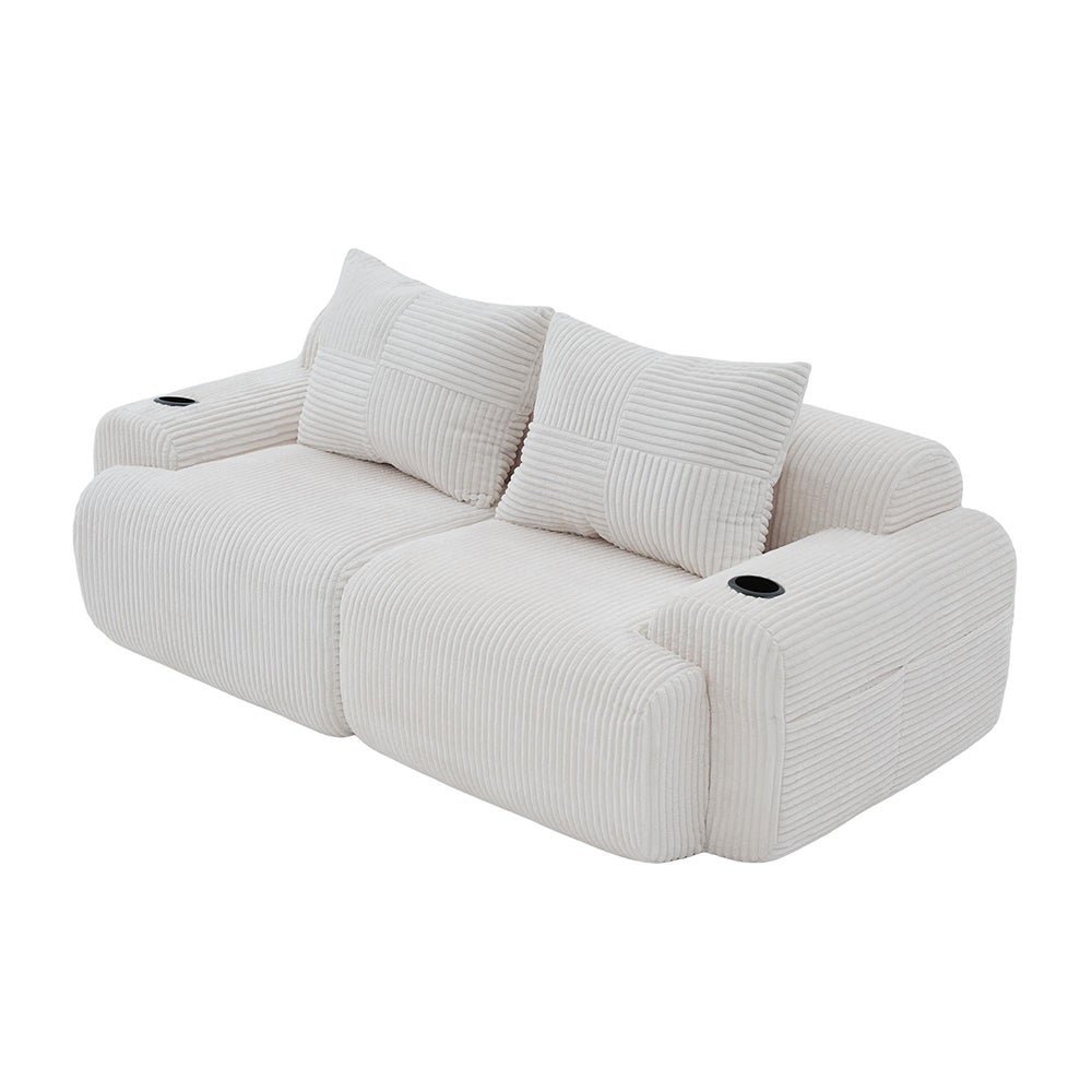 Canapé 2 places 200 cm - Canapé modulable avec accoudoirs - Porte-gobelets - Sans montage - Tissu velours côtelé - Beige - 8