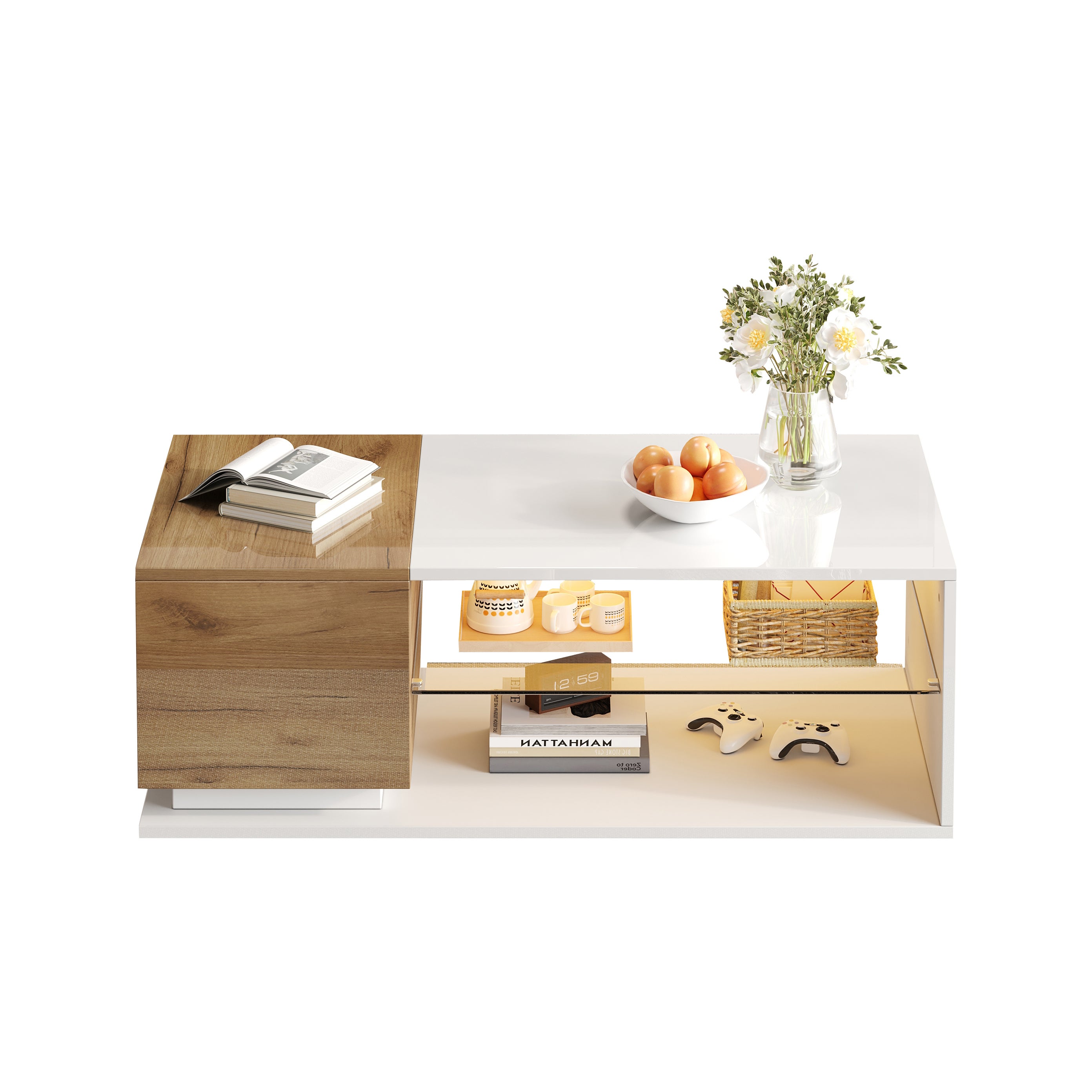 Table basse avec 1 porte et 2 étagères - 105 x 50 x 36 cm - LEDs - Panneau de particules - Blanc - 2