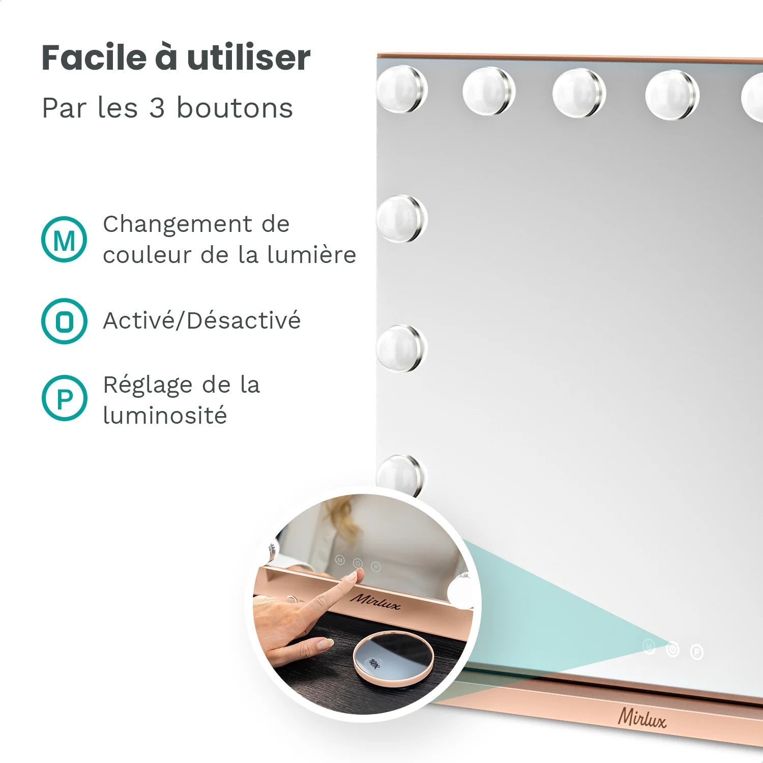 Miroir Hollywood Mirlux 58 x 48 cm - Port de chargement USB et USB-C - 3 niveaux d'intensité lumineuse - Miroir de maquillage LED - Or rose - 6
