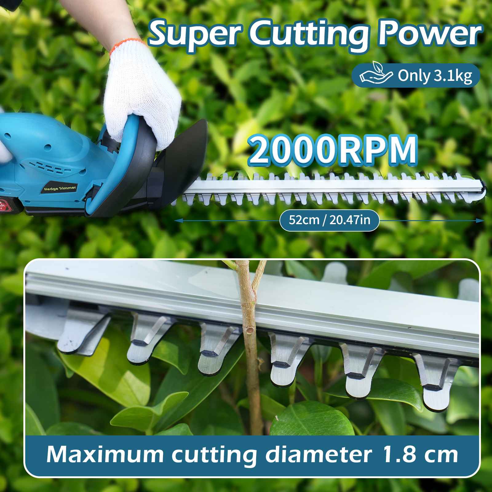 Taille-haie sans fil 21V 4.0Ah brushless 520mm double lame 2000RPM léger jardin puissant - 3