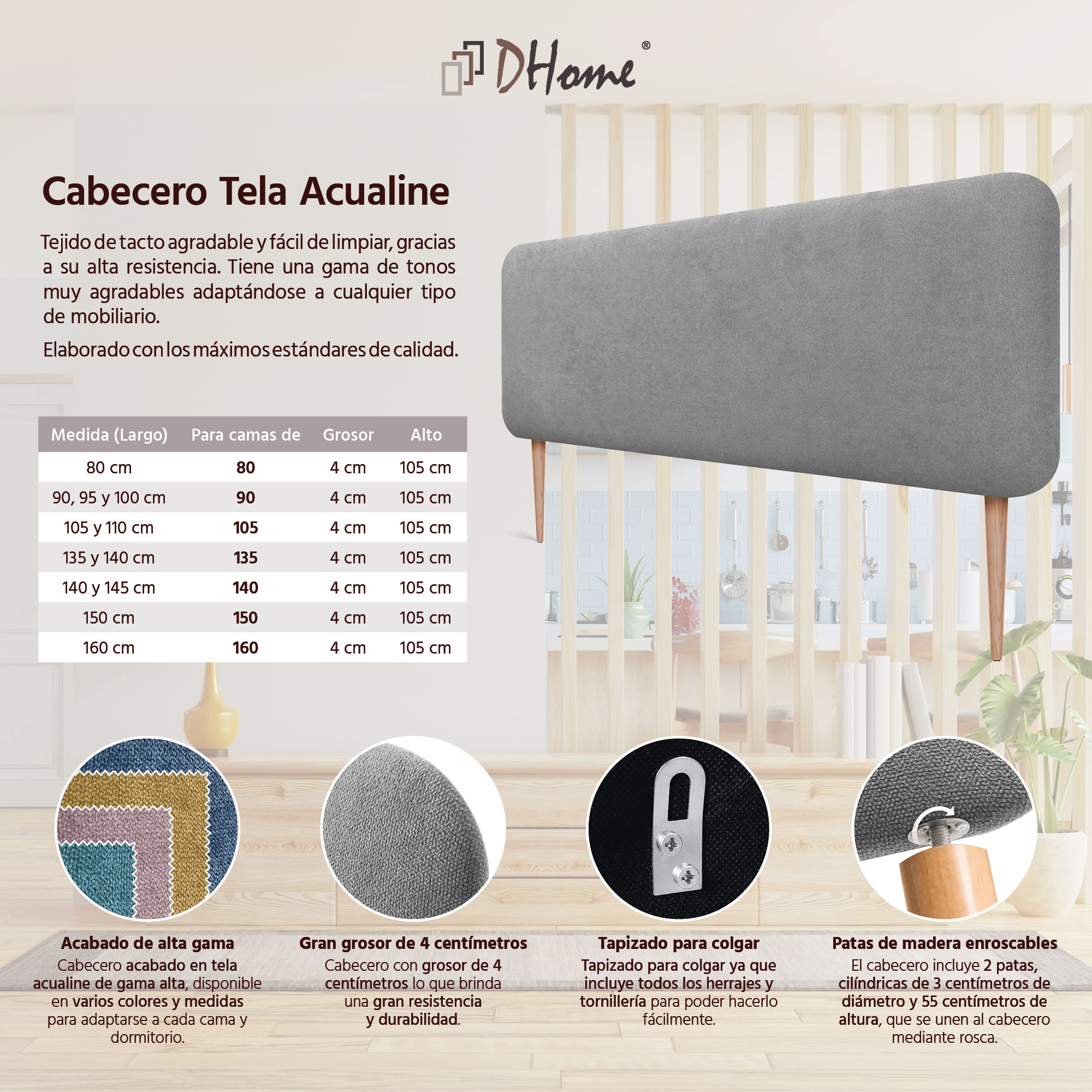 DHOME Cabecero Tapizado Liso Redondeado Tela con Patas para Pared Acústicos Cabeceros Absorbentes Cabezal Cama Dormitorio (Gris, 160cm) - 4