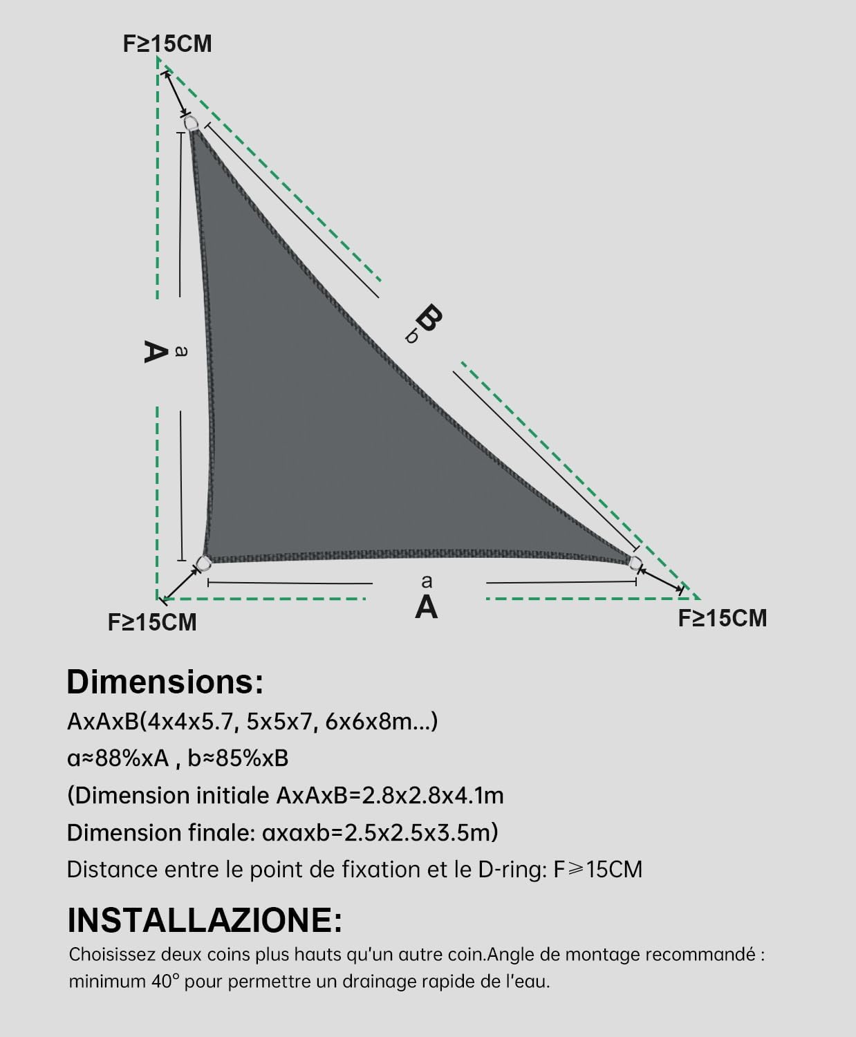 Voile d'ombrage Triangulaire 4x4x5.7m Imperméable à l'eau PES Toile d'ombrage Anthracite avec 95% de Protection UV pour Patio Extérieur Jardin - 3