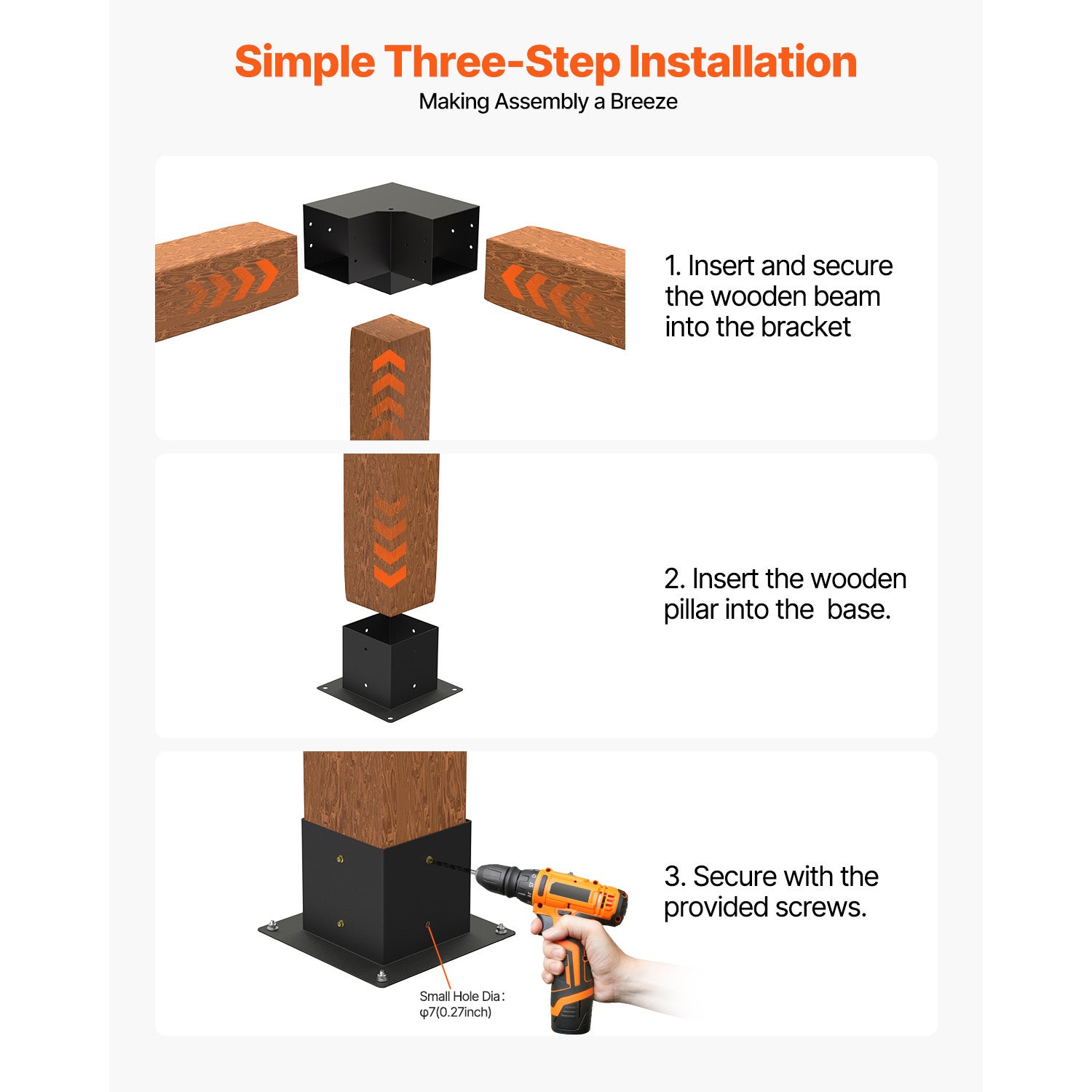 Kit SucceBuy supports pergola 8 pièces, 4 angles 3 voies, 4 bases, acier carbone, poutres bois standard, structures bois pour événements extérieurs - 6